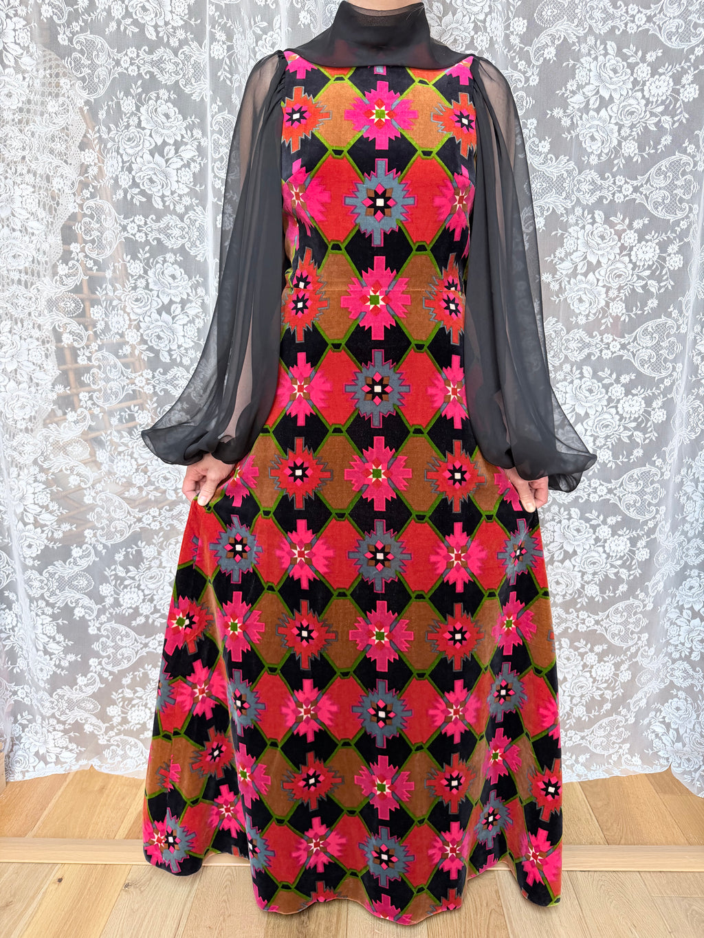 Vintage 1960s/1970s Frank Usher Velvet Geometric Maxi Dress