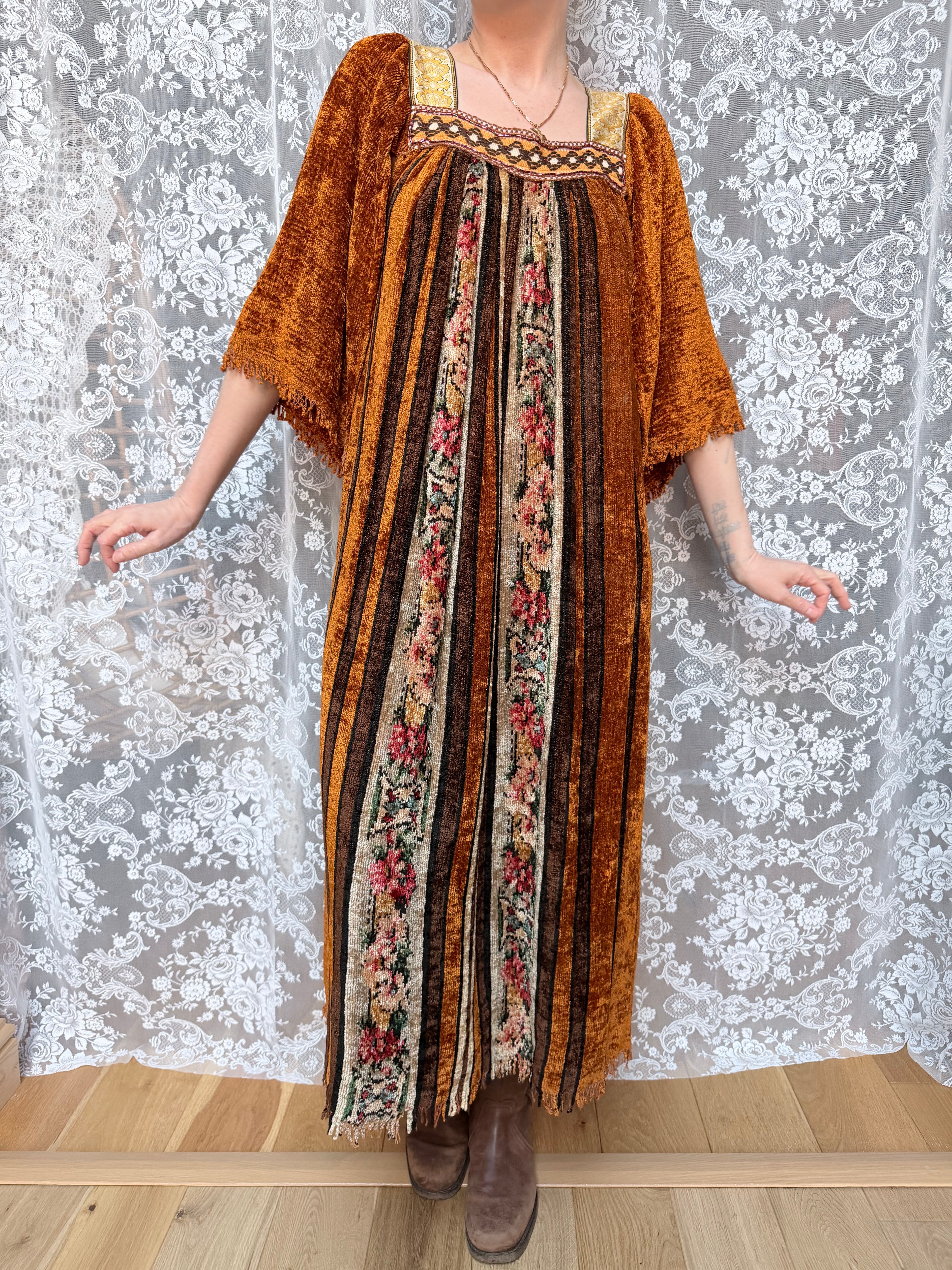 Vintage 1970s Handmade Velvet Chenille Revival Kaftan Dress