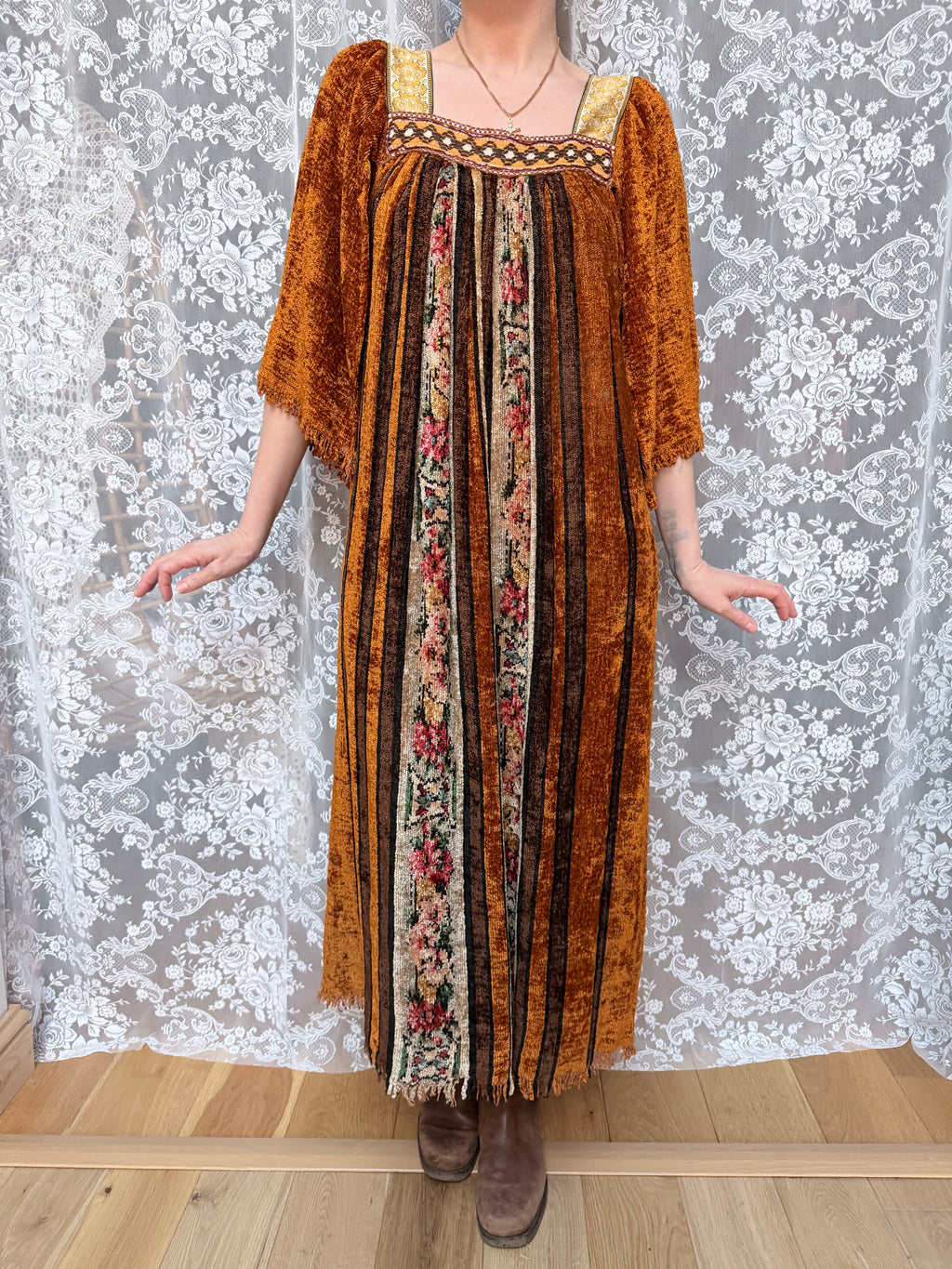 Vintage 1970s Handmade Velvet Chenille Revival Kaftan Dress