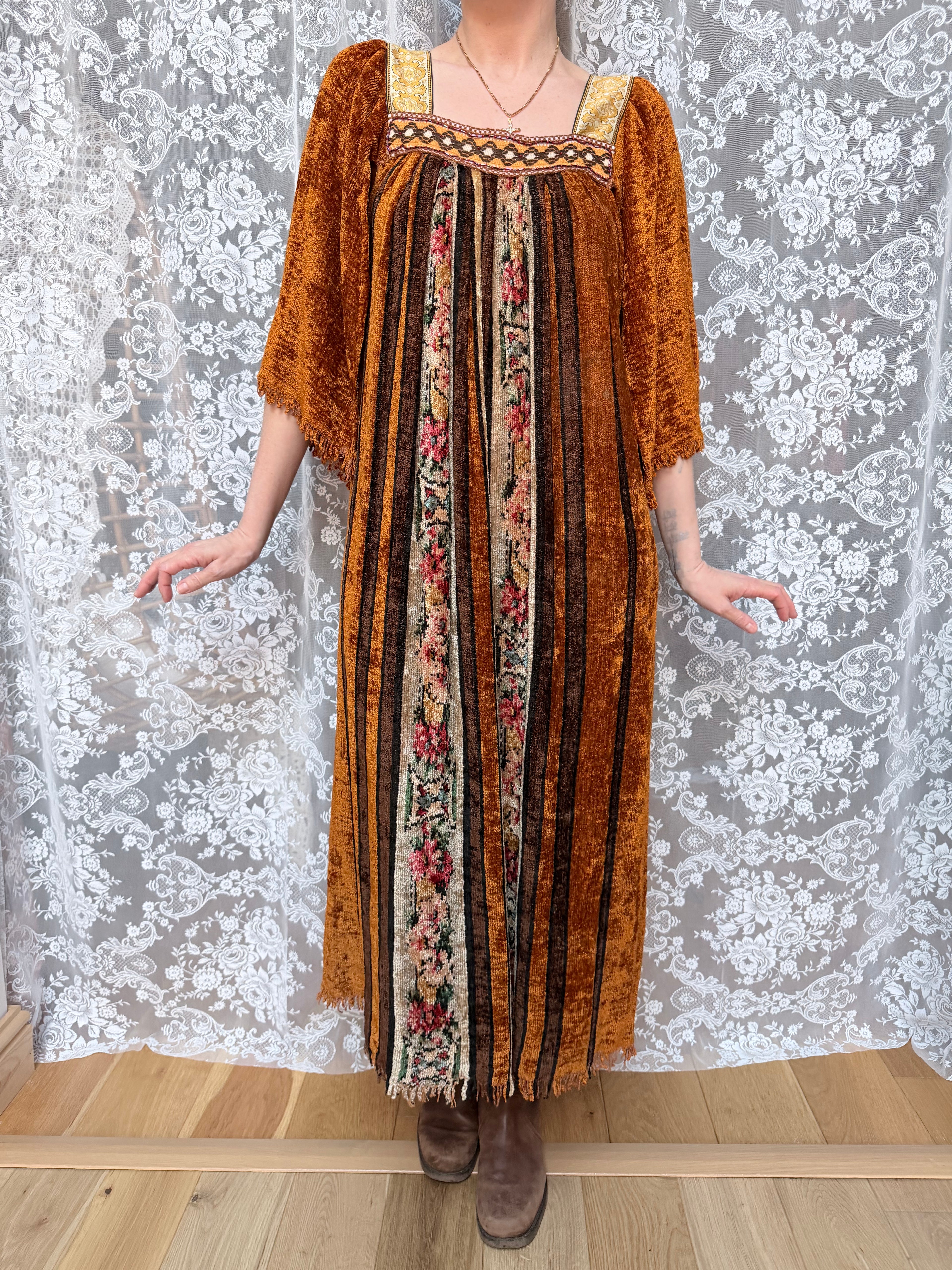 Vintage 1970s Handmade Velvet Chenille Revival Kaftan Dress
