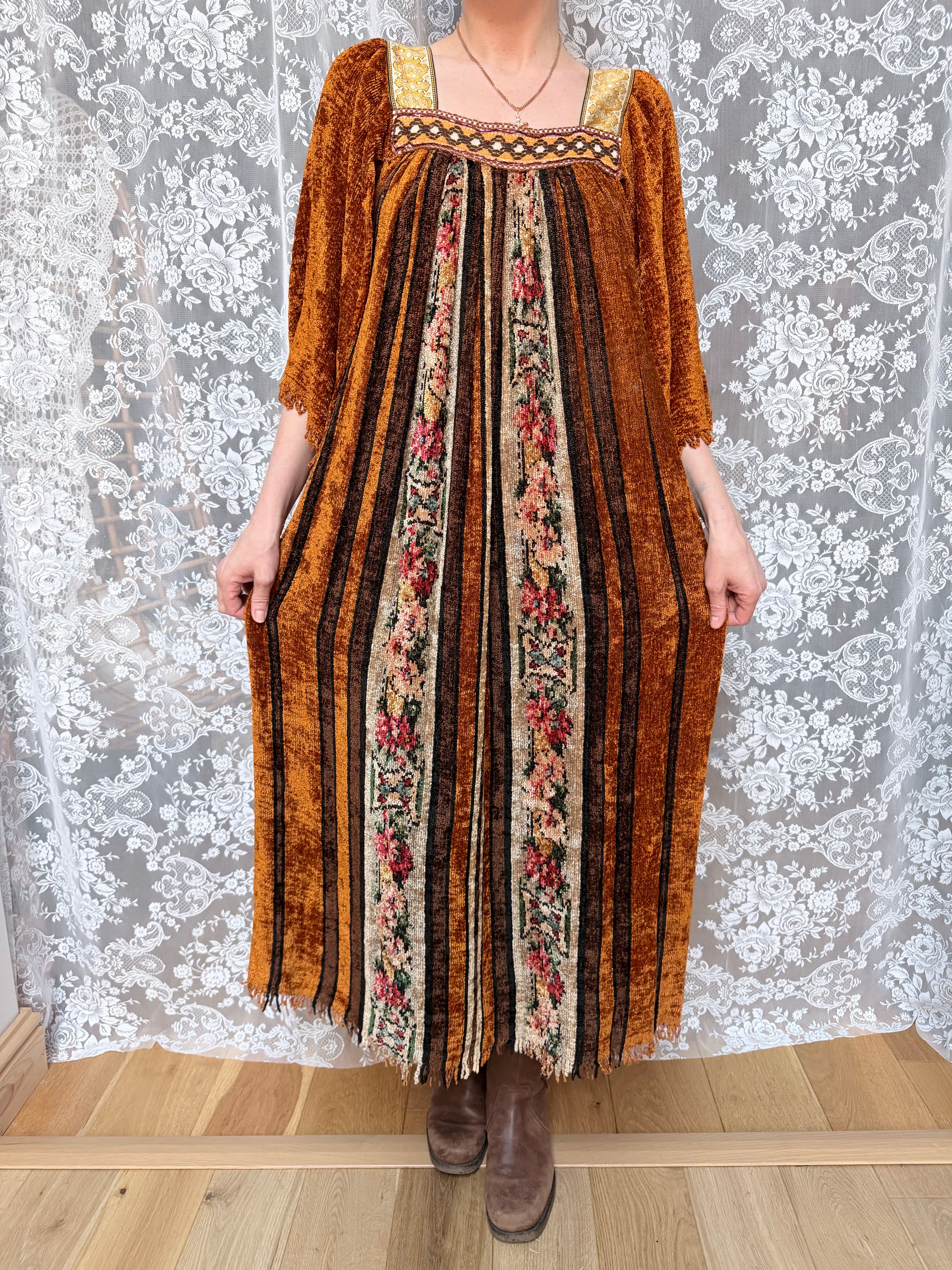Vintage 1970s Handmade Velvet Chenille Revival Kaftan Dress