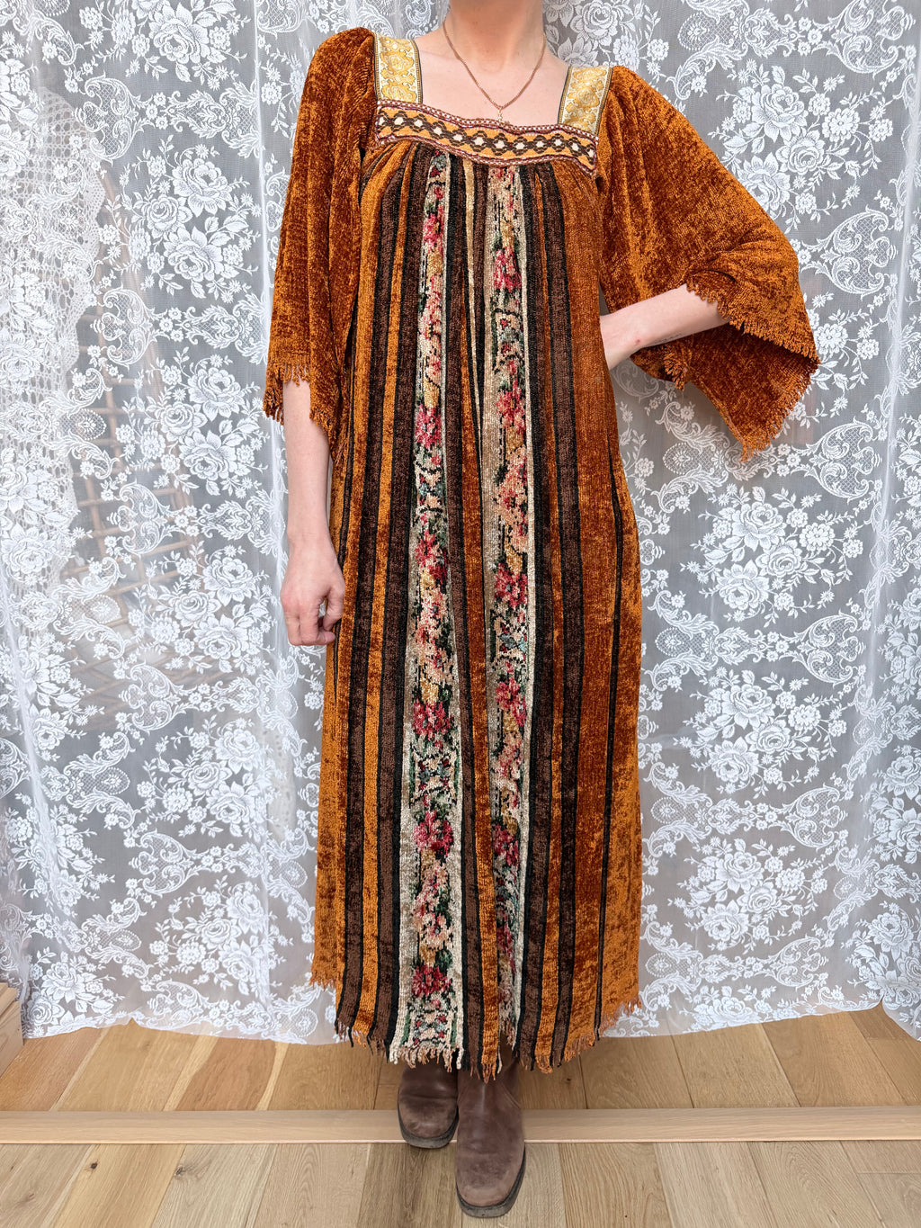 Vintage 1970s Handmade Velvet Chenille Revival Kaftan Dress