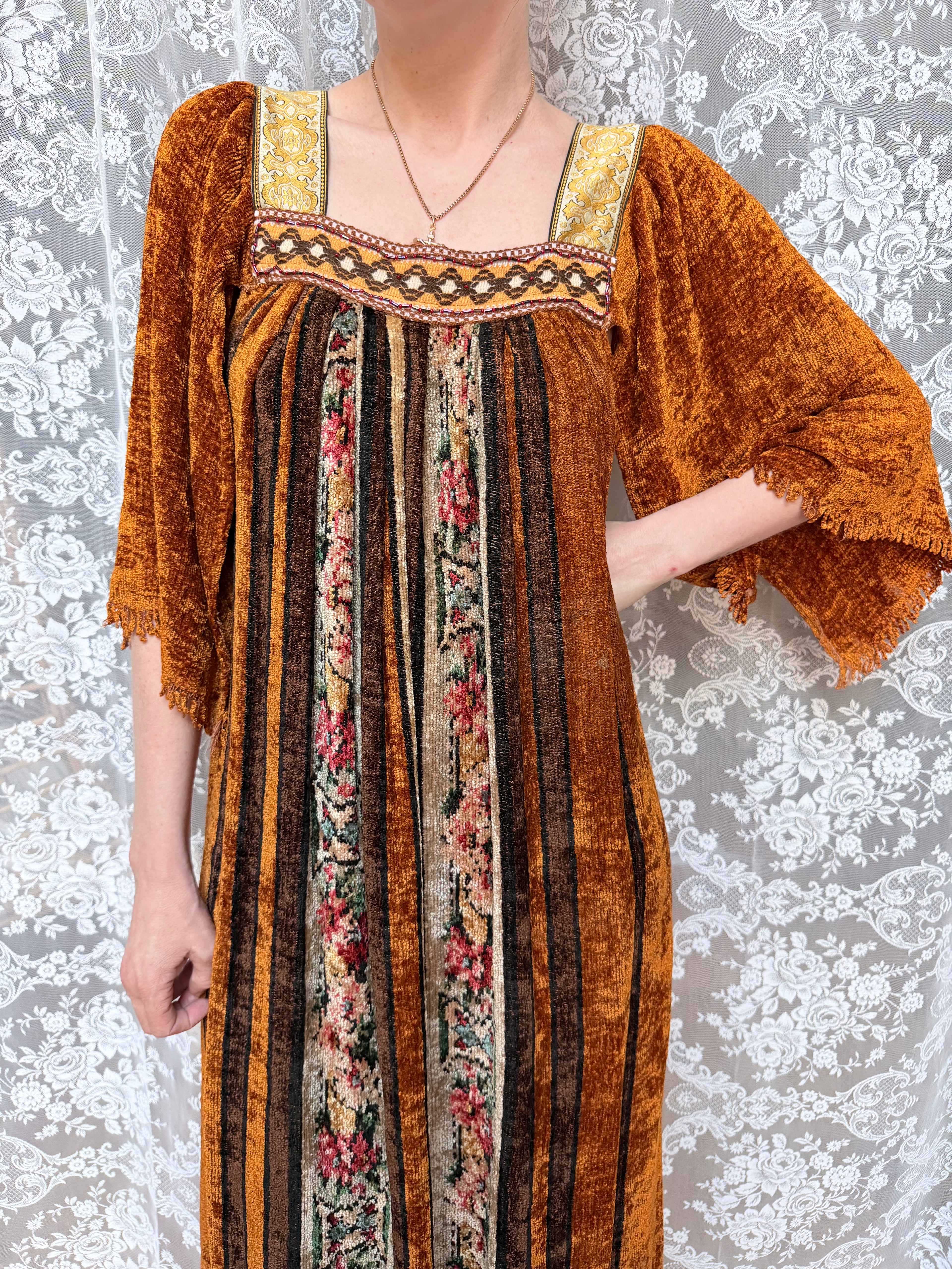 Vintage 1970s Handmade Velvet Chenille Revival Kaftan Dress
