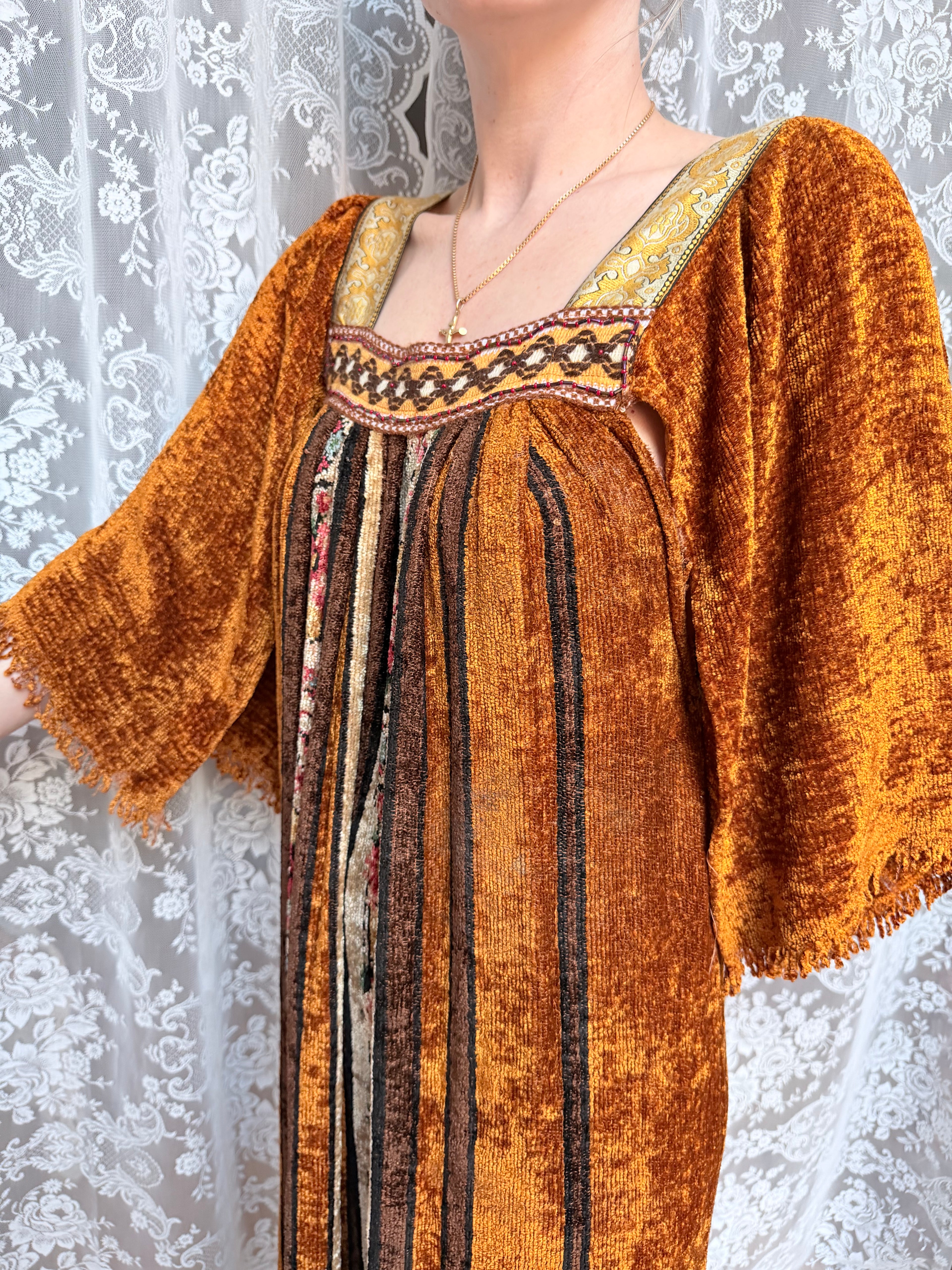Vintage 1970s Handmade Velvet Chenille Revival Kaftan Dress