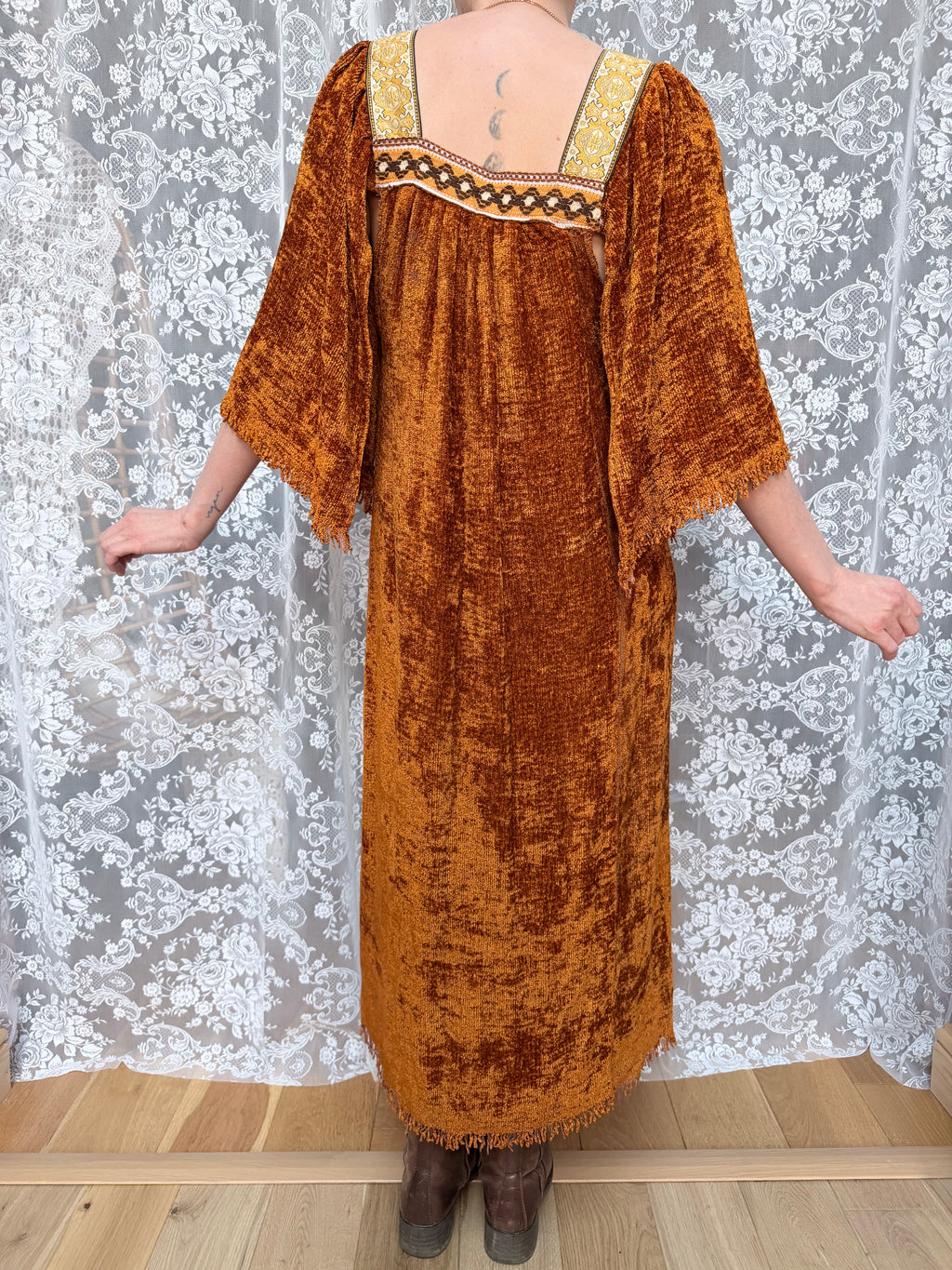 Vintage 1970s Handmade Velvet Chenille Revival Kaftan Dress