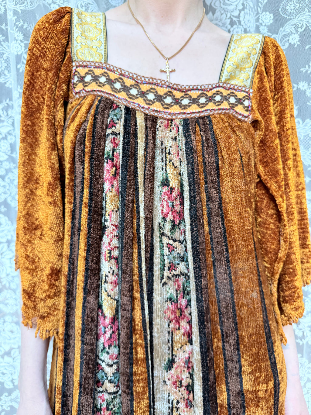 Vintage 1970s Handmade Velvet Chenille Revival Kaftan Dress