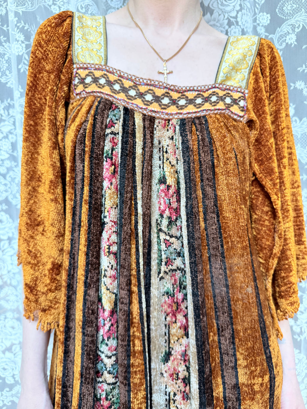 Vintage 1970s Handmade Velvet Chenille Revival Kaftan Dress