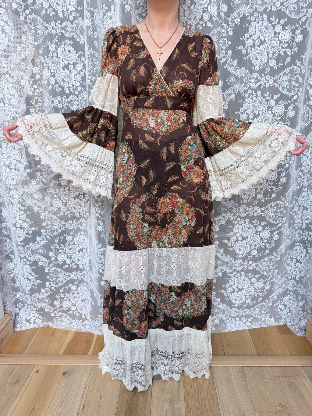 Rare 1970s Corky Craig California Lace Bell Sleeve Maxi Dress