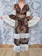 Rare 1970s Corky Craig California Lace Bell Sleeve Maxi Dress