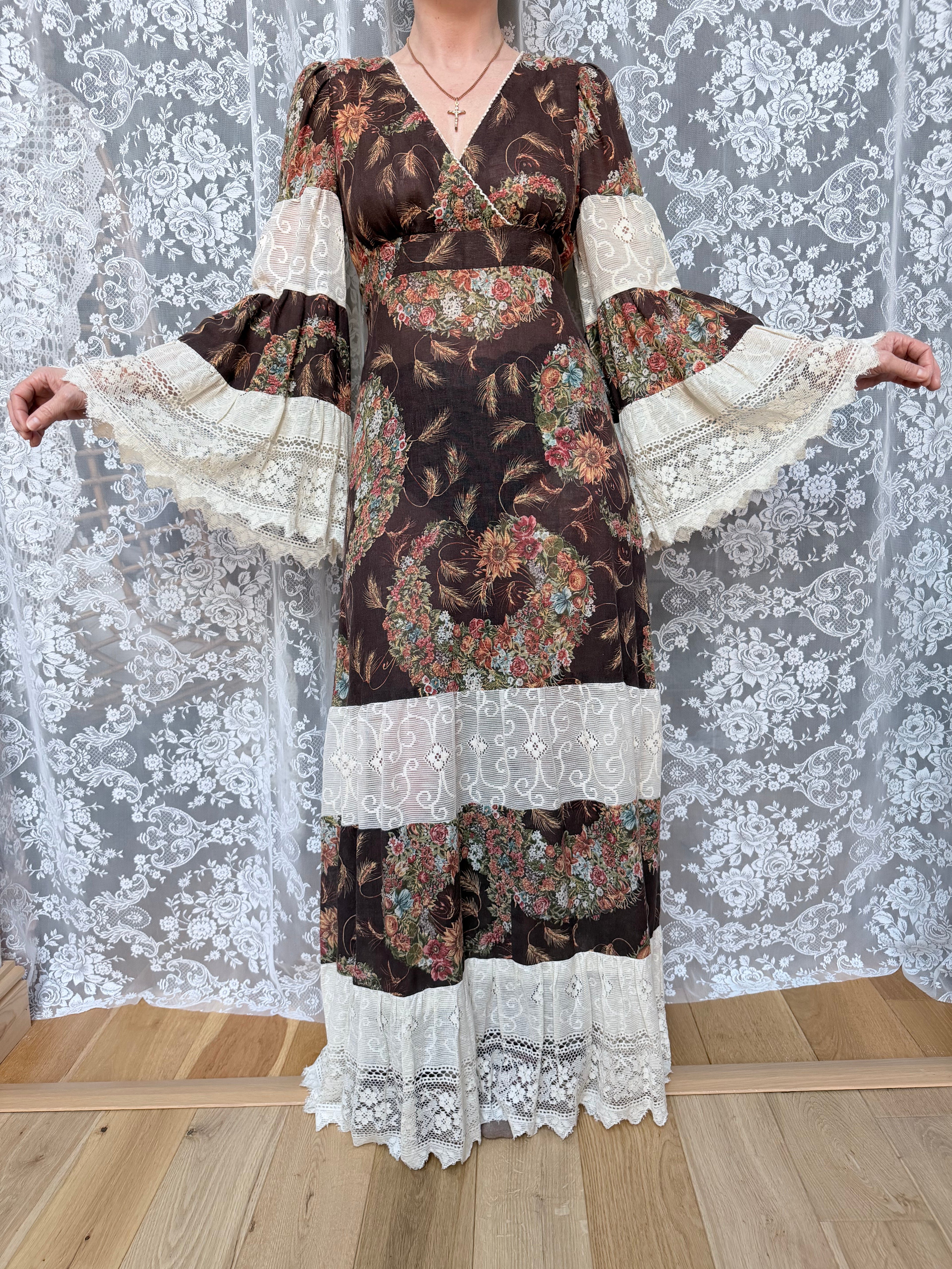 Rare 1970s Corky Craig California Lace Bell Sleeve Maxi Dress