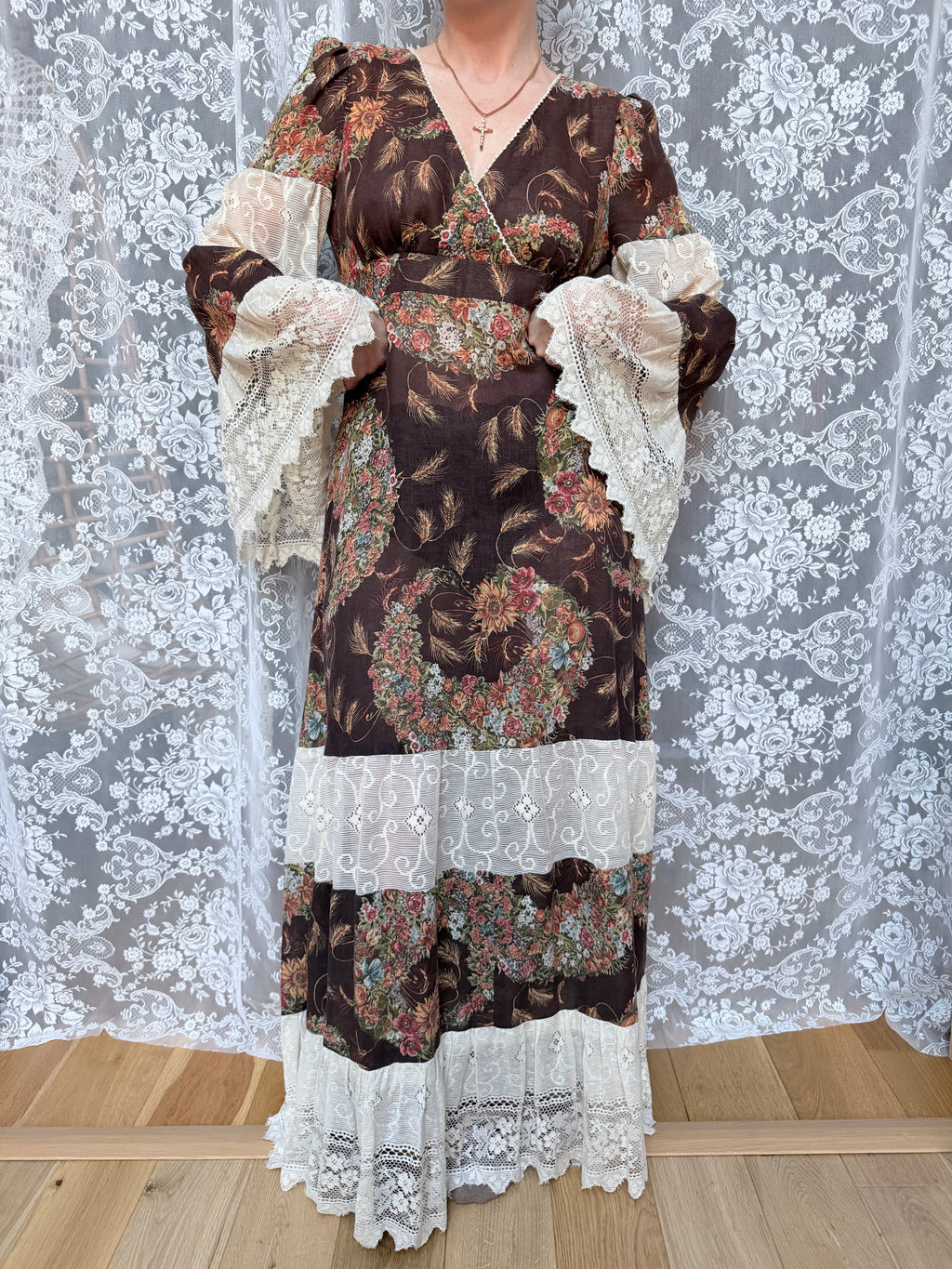 Rare 1970s Corky Craig California Lace Bell Sleeve Maxi Dress
