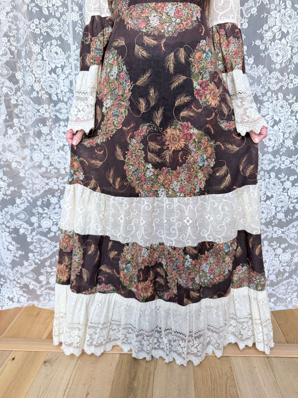 Rare 1970s Corky Craig California Lace Bell Sleeve Maxi Dress