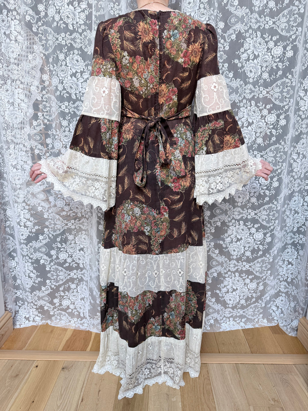Rare 1970s Corky Craig California Lace Bell Sleeve Maxi Dress