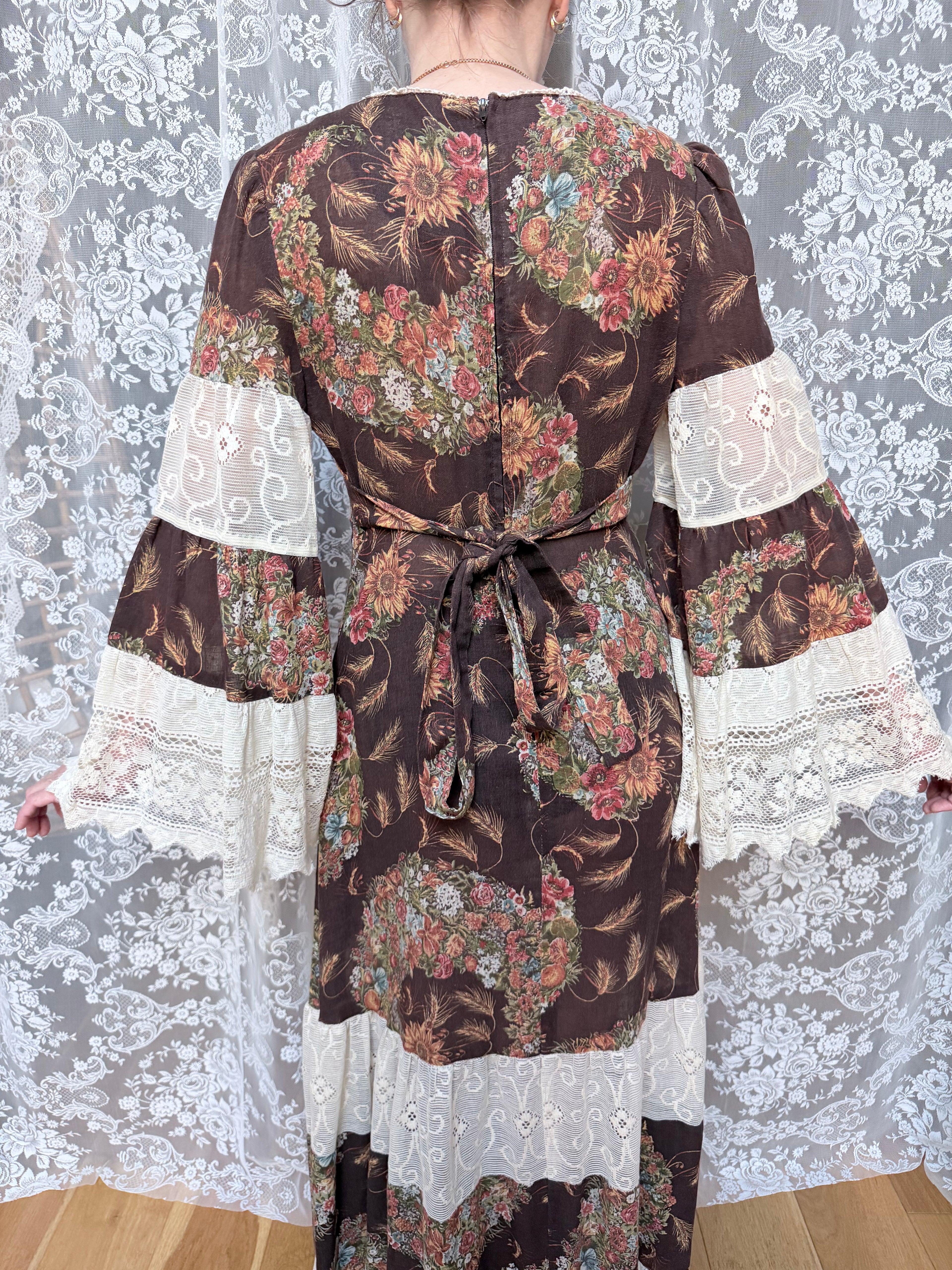Rare 1970s Corky Craig California Lace Bell Sleeve Maxi Dress