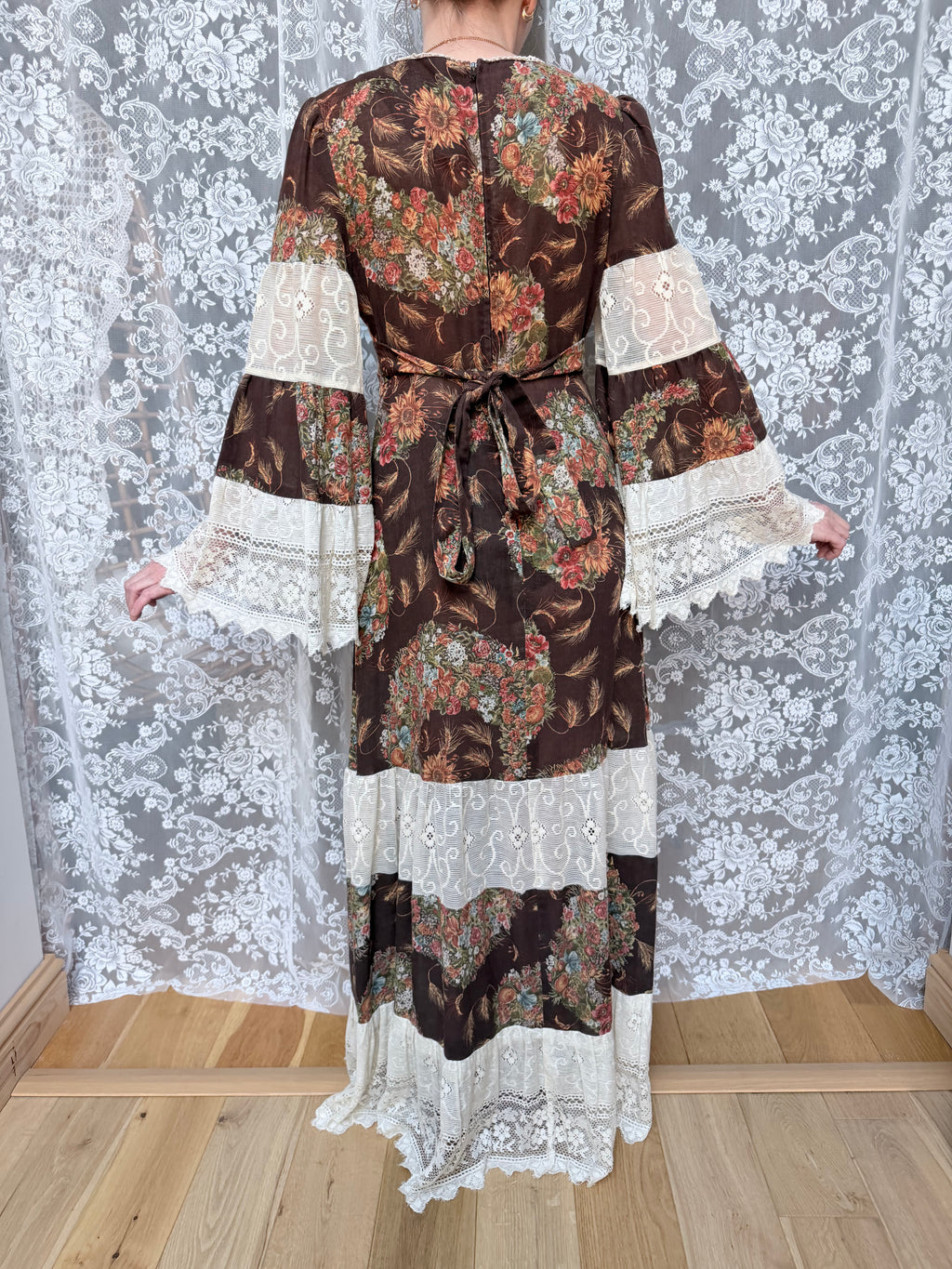 Rare 1970s Corky Craig California Lace Bell Sleeve Maxi Dress