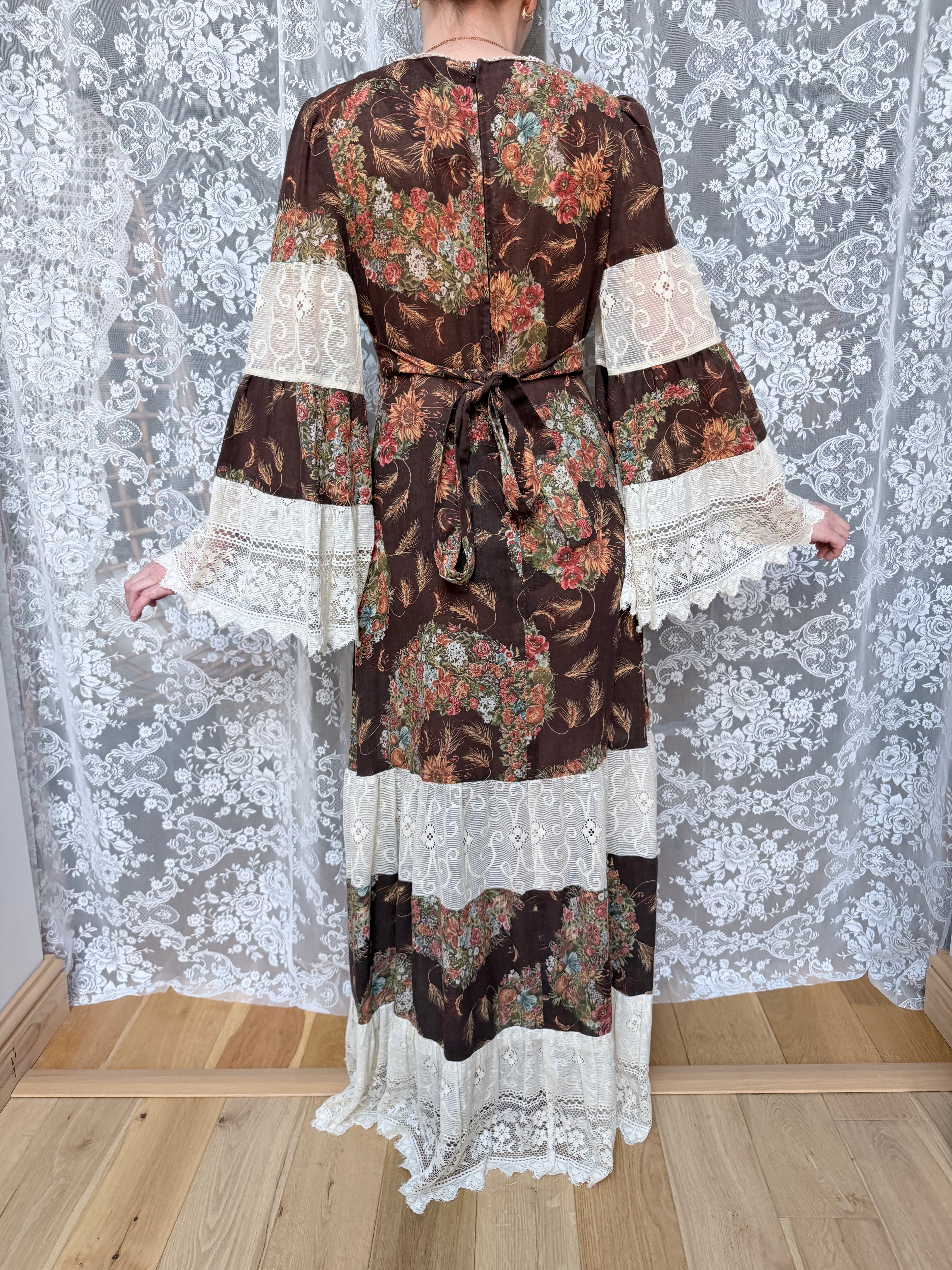 Rare 1970s Corky Craig California Lace Bell Sleeve Maxi Dress