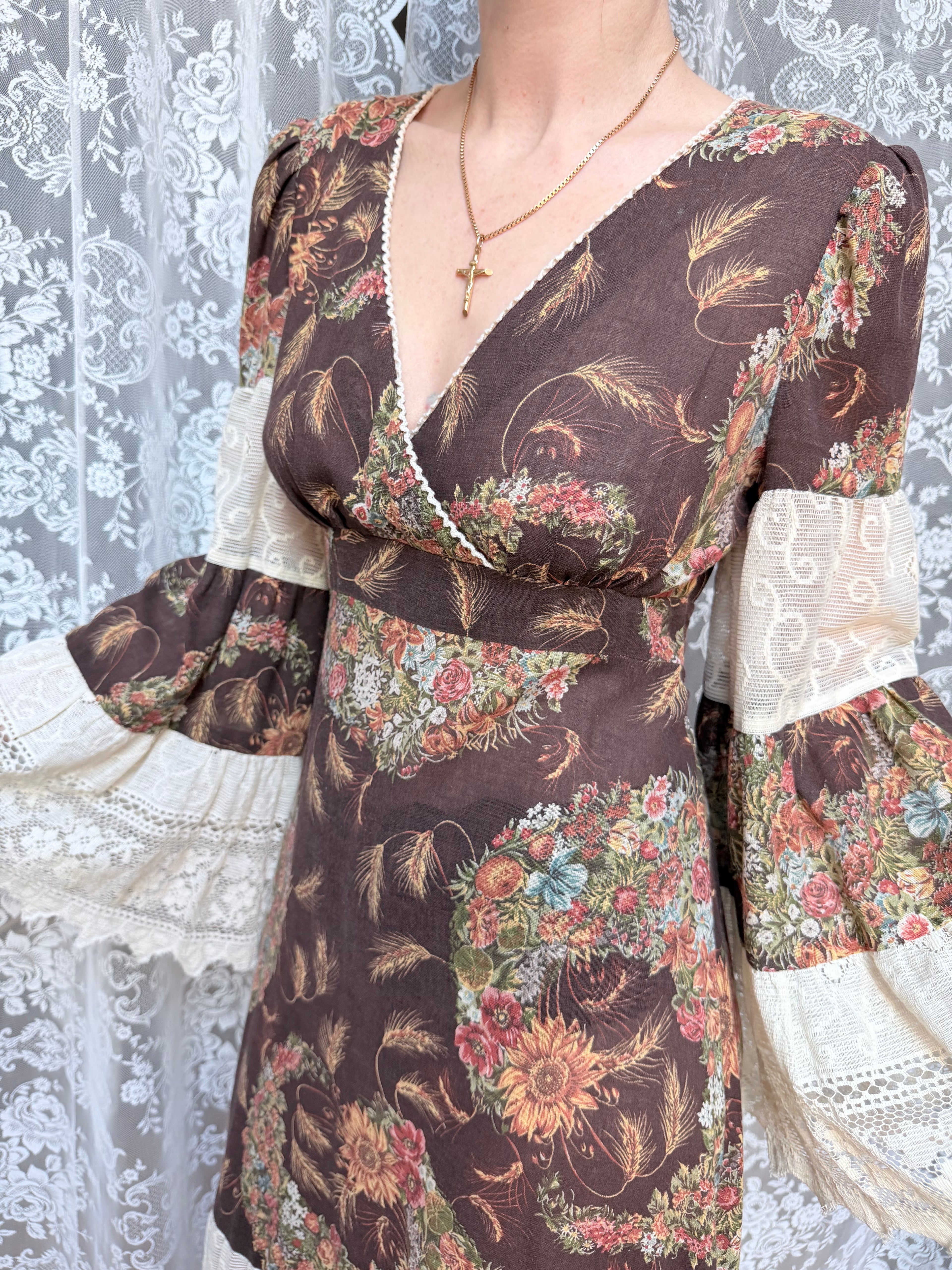 Rare 1970s Corky Craig California Lace Bell Sleeve Maxi Dress