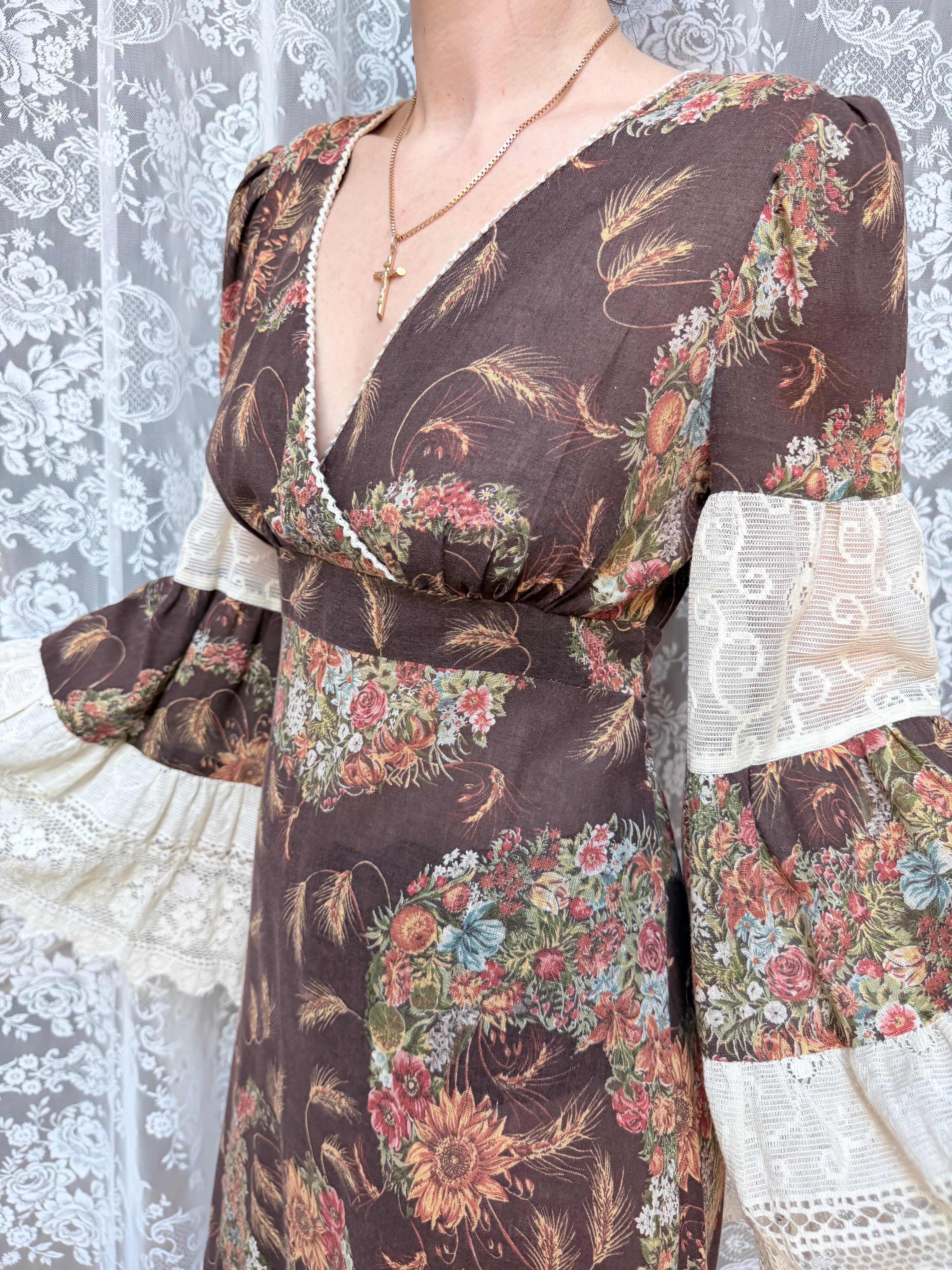 Rare 1970s Corky Craig California Lace Bell Sleeve Maxi Dress