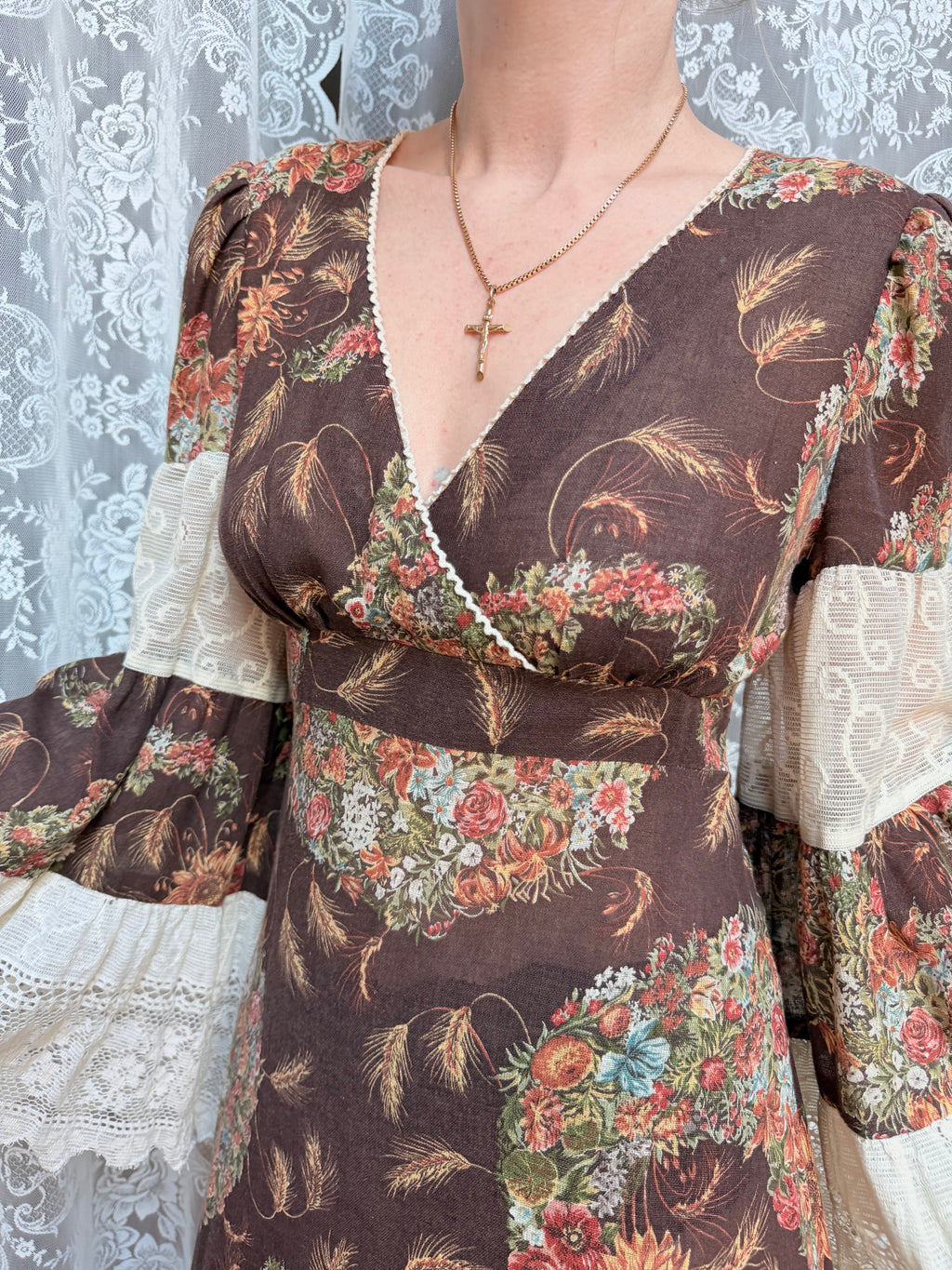Rare 1970s Corky Craig California Lace Bell Sleeve Maxi Dress