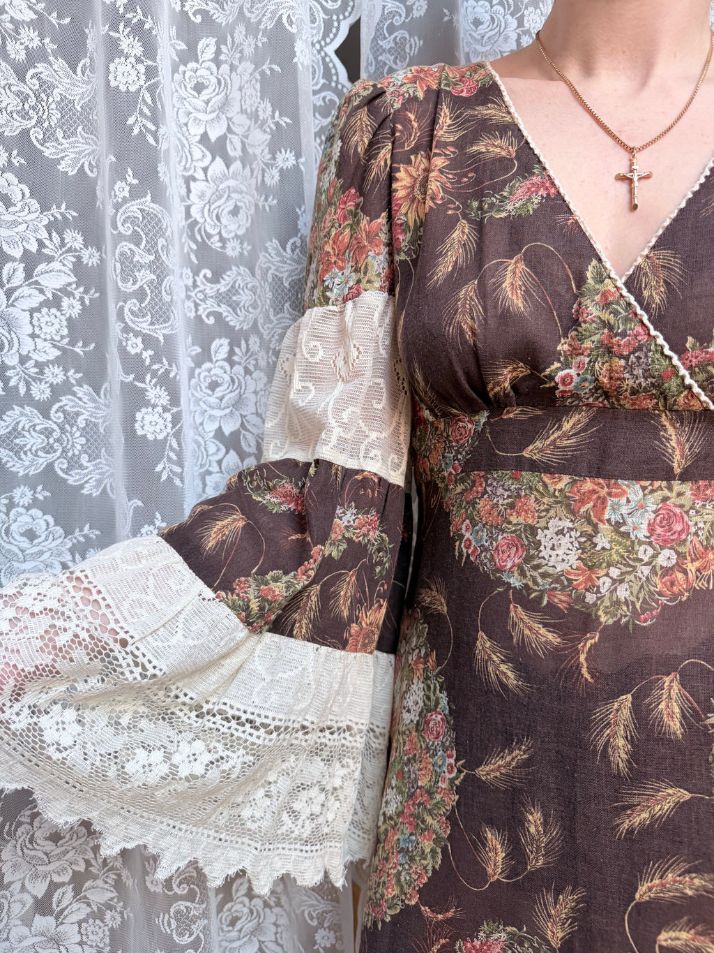 Rare 1970s Corky Craig California Lace Bell Sleeve Maxi Dress