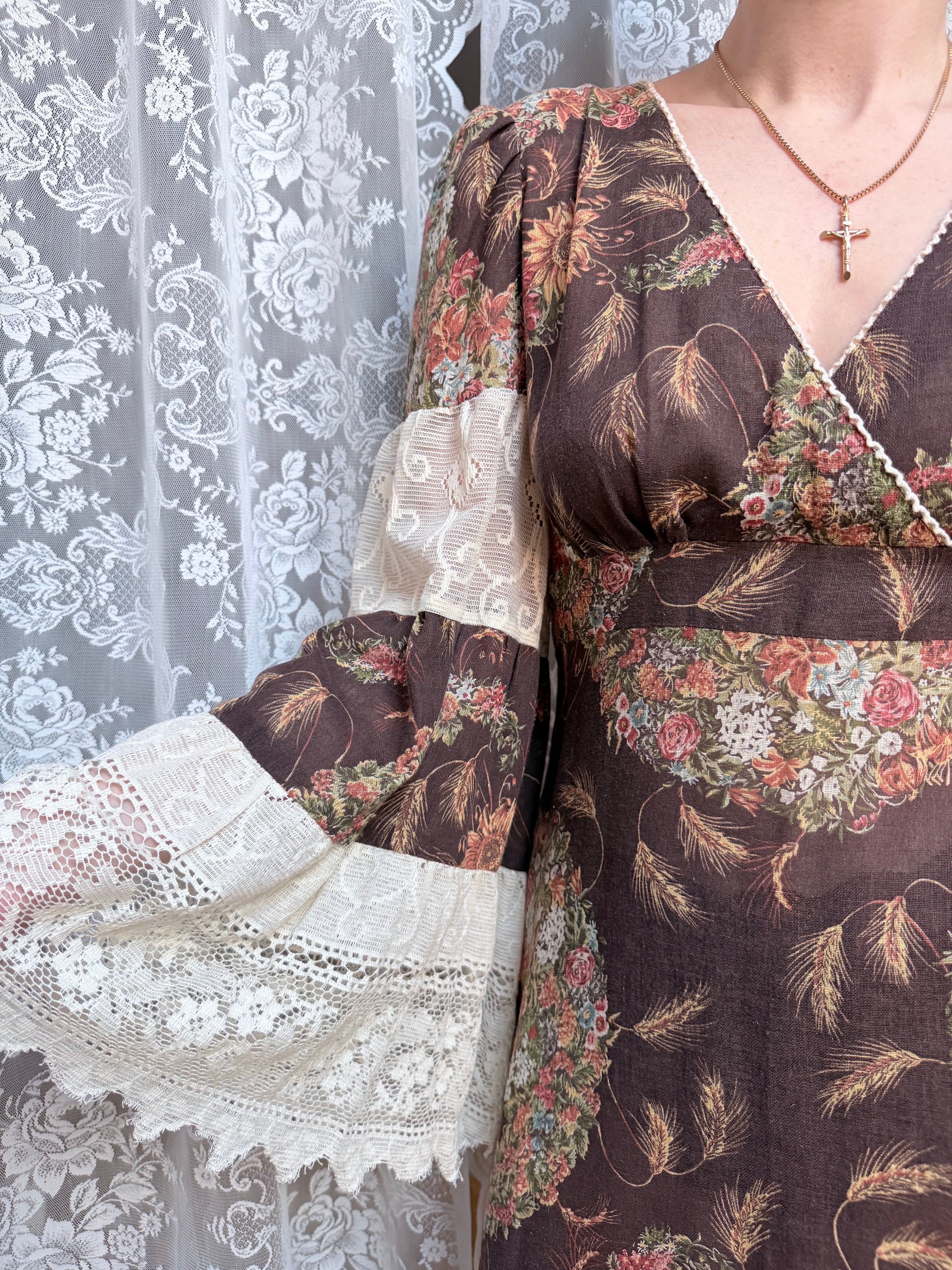 Rare 1970s Corky Craig California Lace Bell Sleeve Maxi Dress