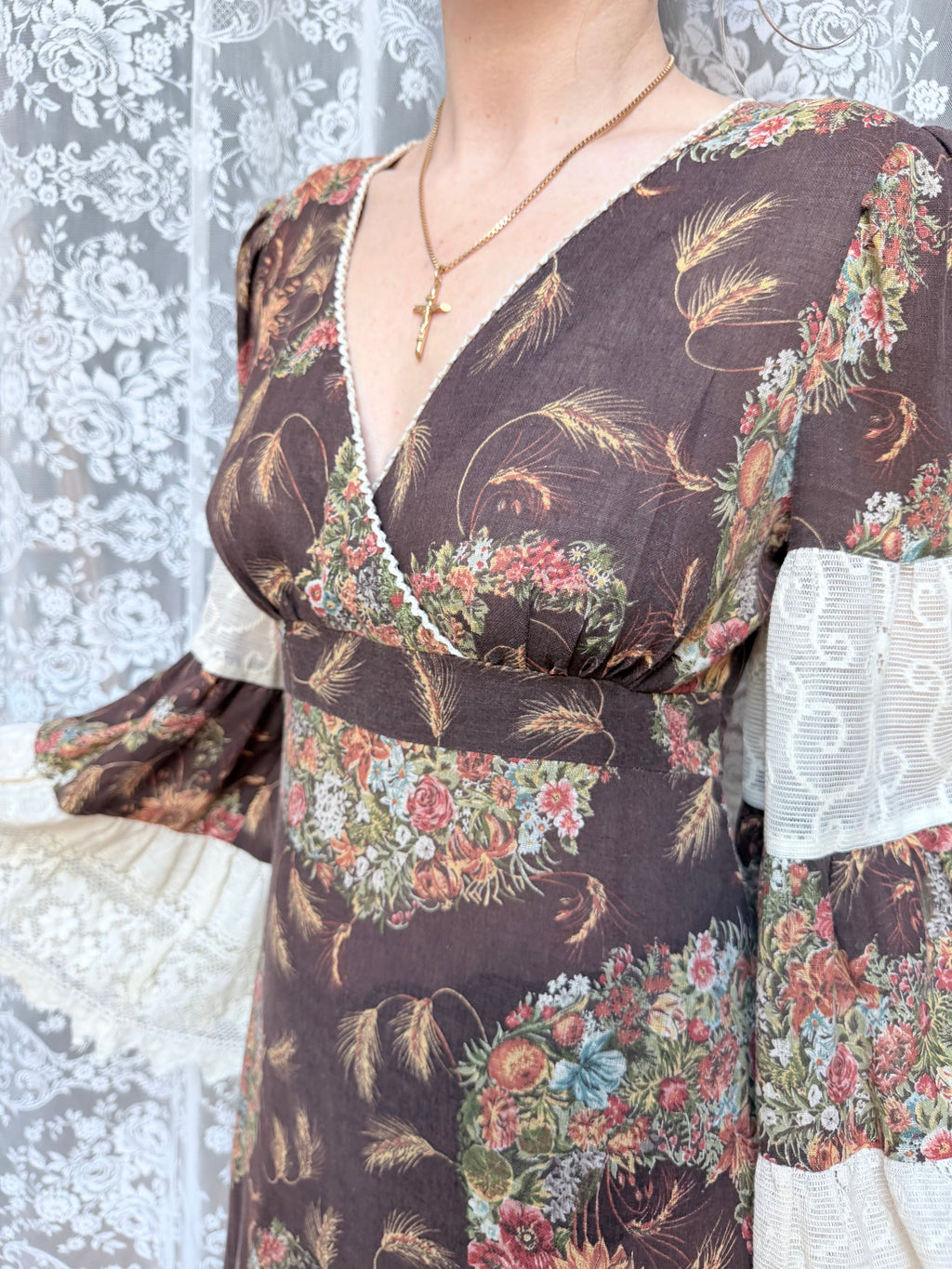 Rare 1970s Corky Craig California Lace Bell Sleeve Maxi Dress