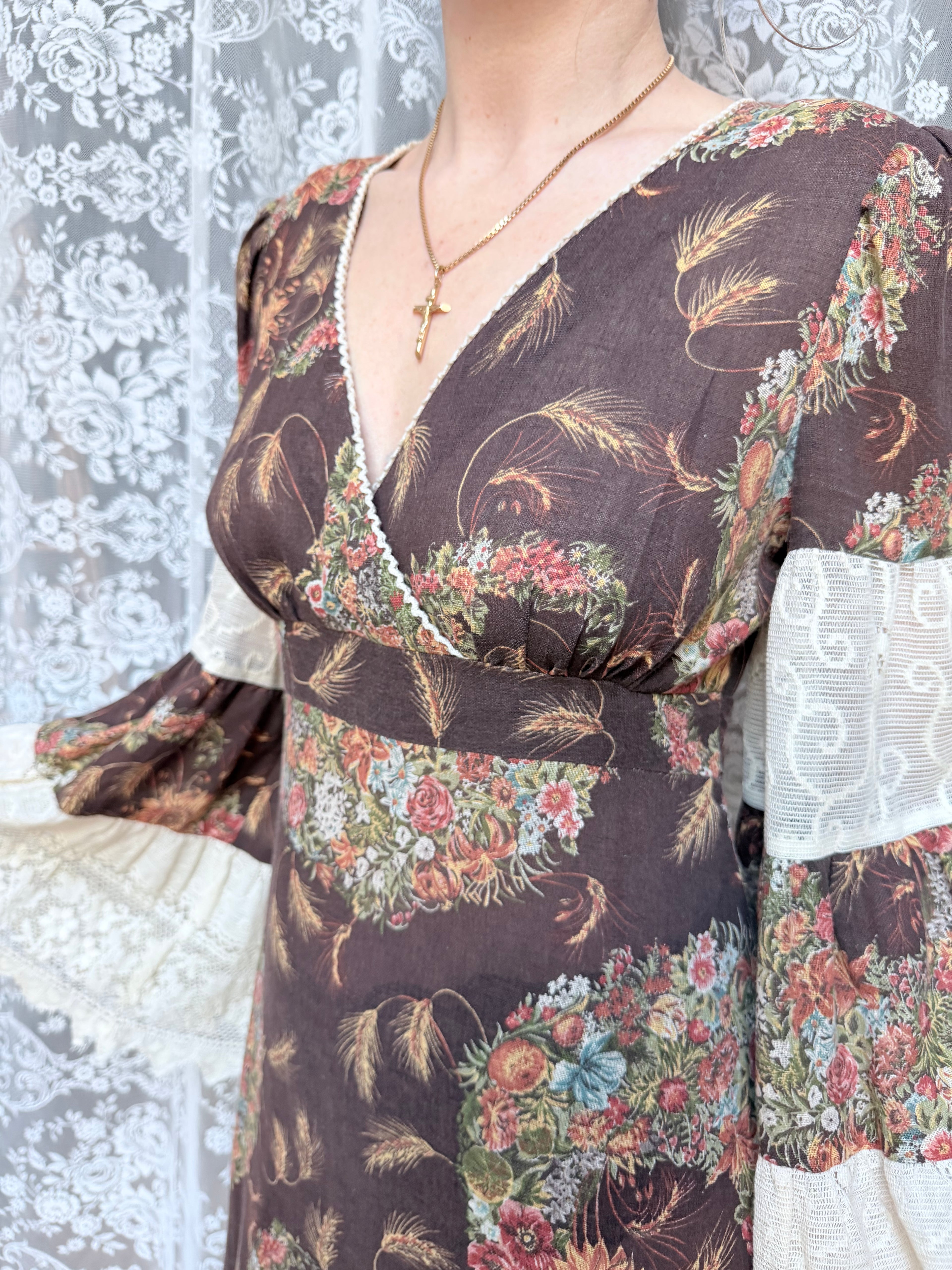 Rare 1970s Corky Craig California Lace Bell Sleeve Maxi Dress