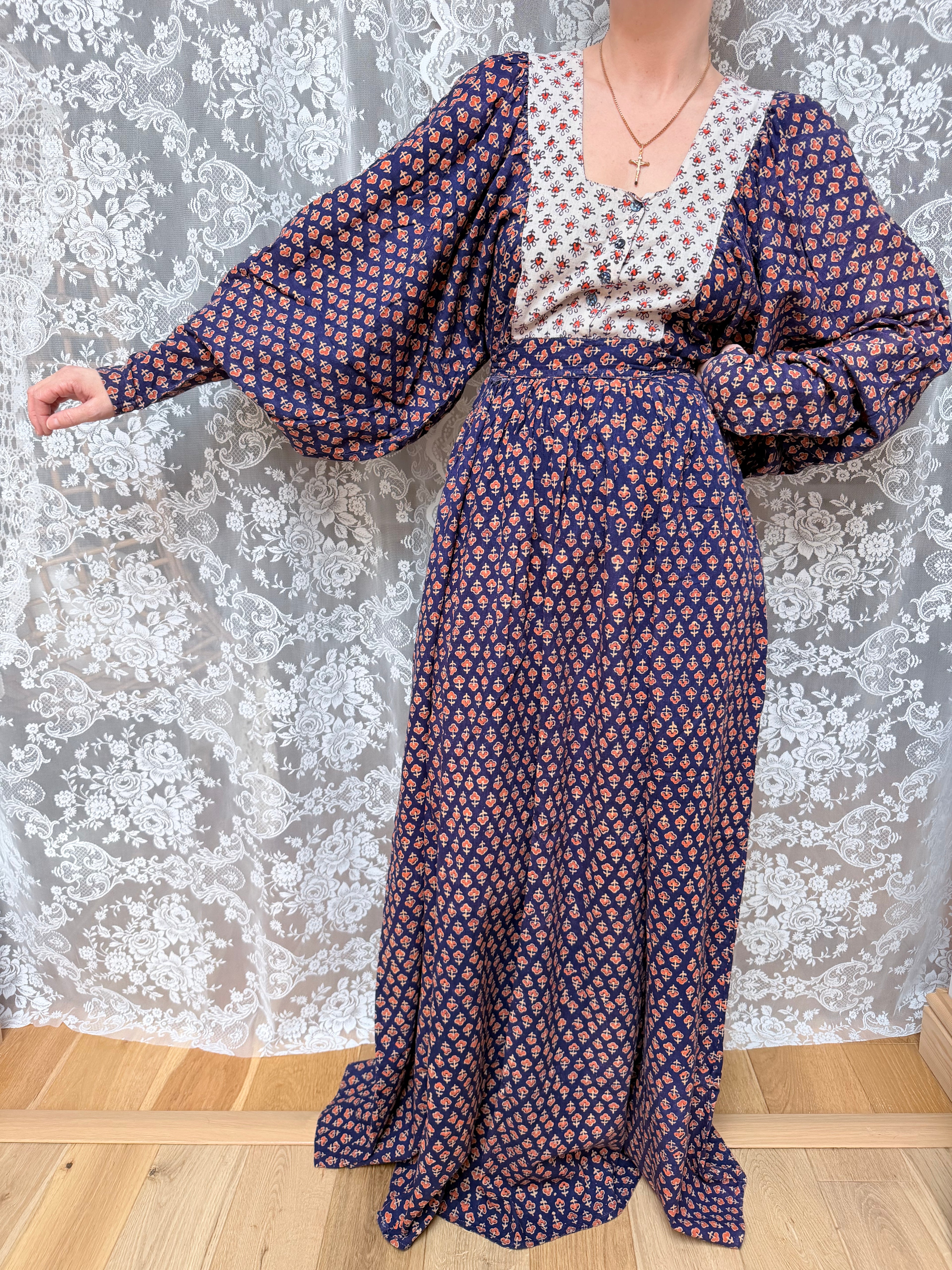 Rare Vintage 1970s Miss Selfridge Indian Block Print Balloon Sleeve Dress
