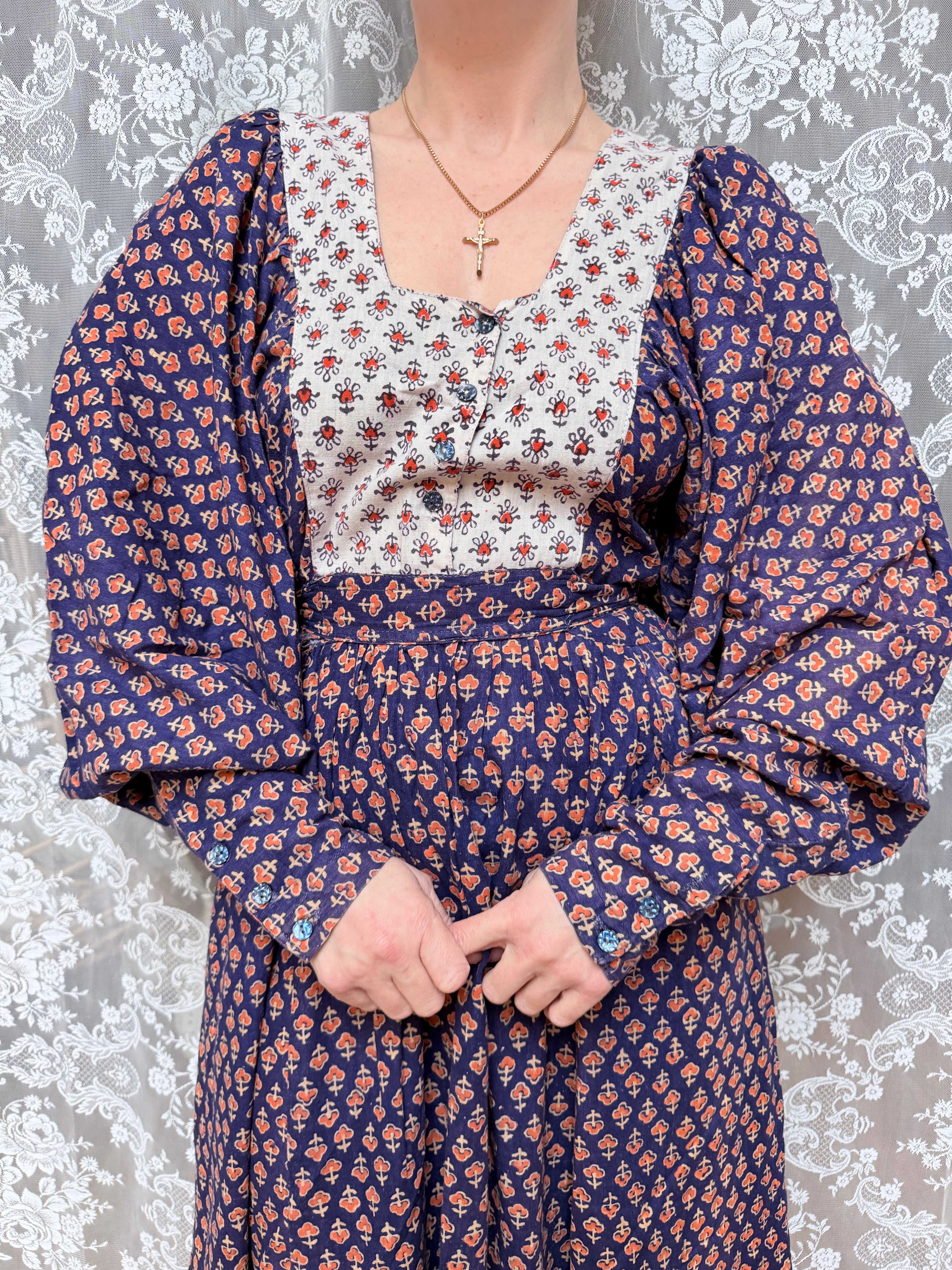 Rare Vintage 1970s Miss Selfridge Indian Block Print Balloon Sleeve Dress