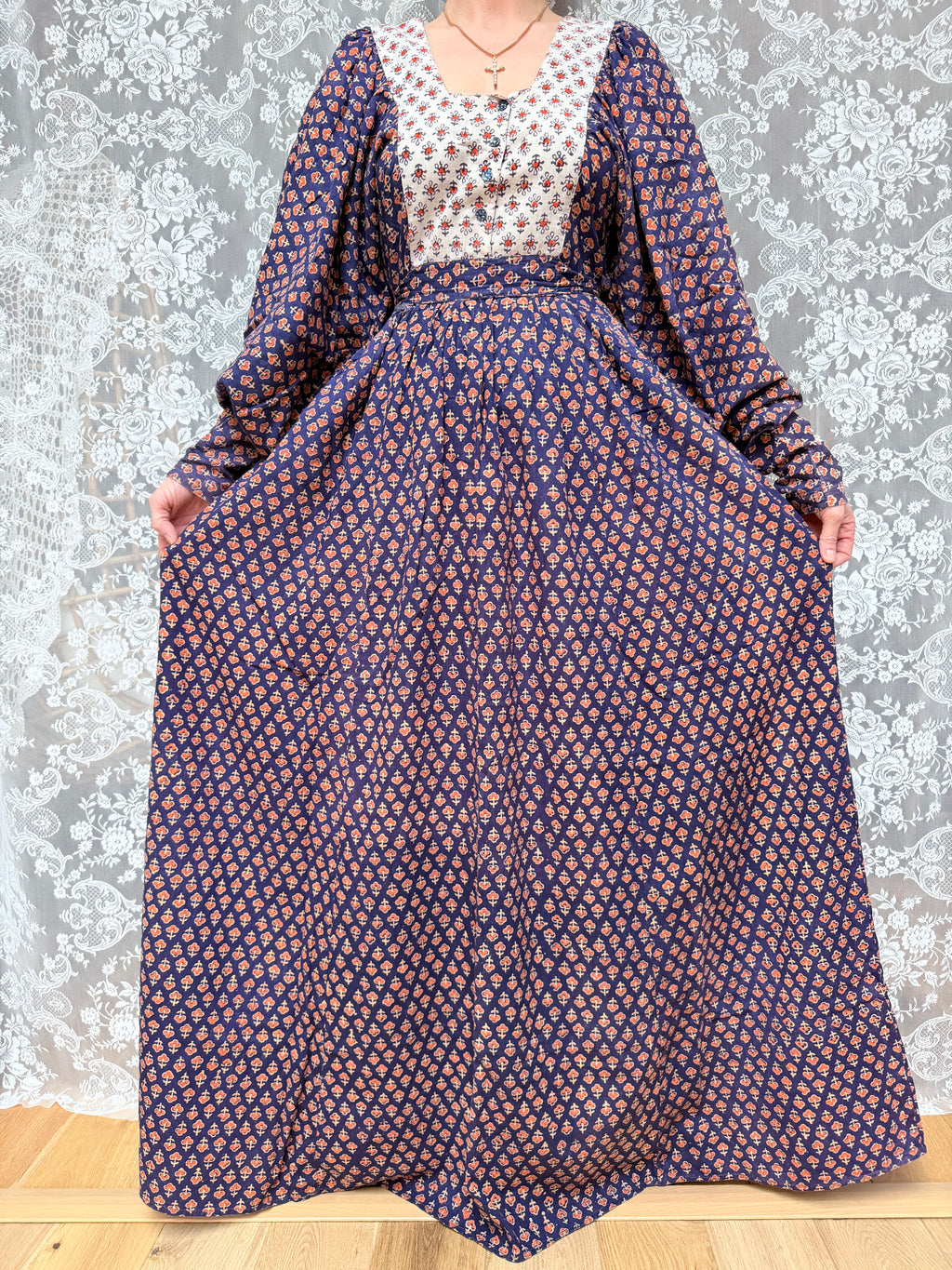 Rare Vintage 1970s Miss Selfridge Indian Block Print Balloon Sleeve Dress