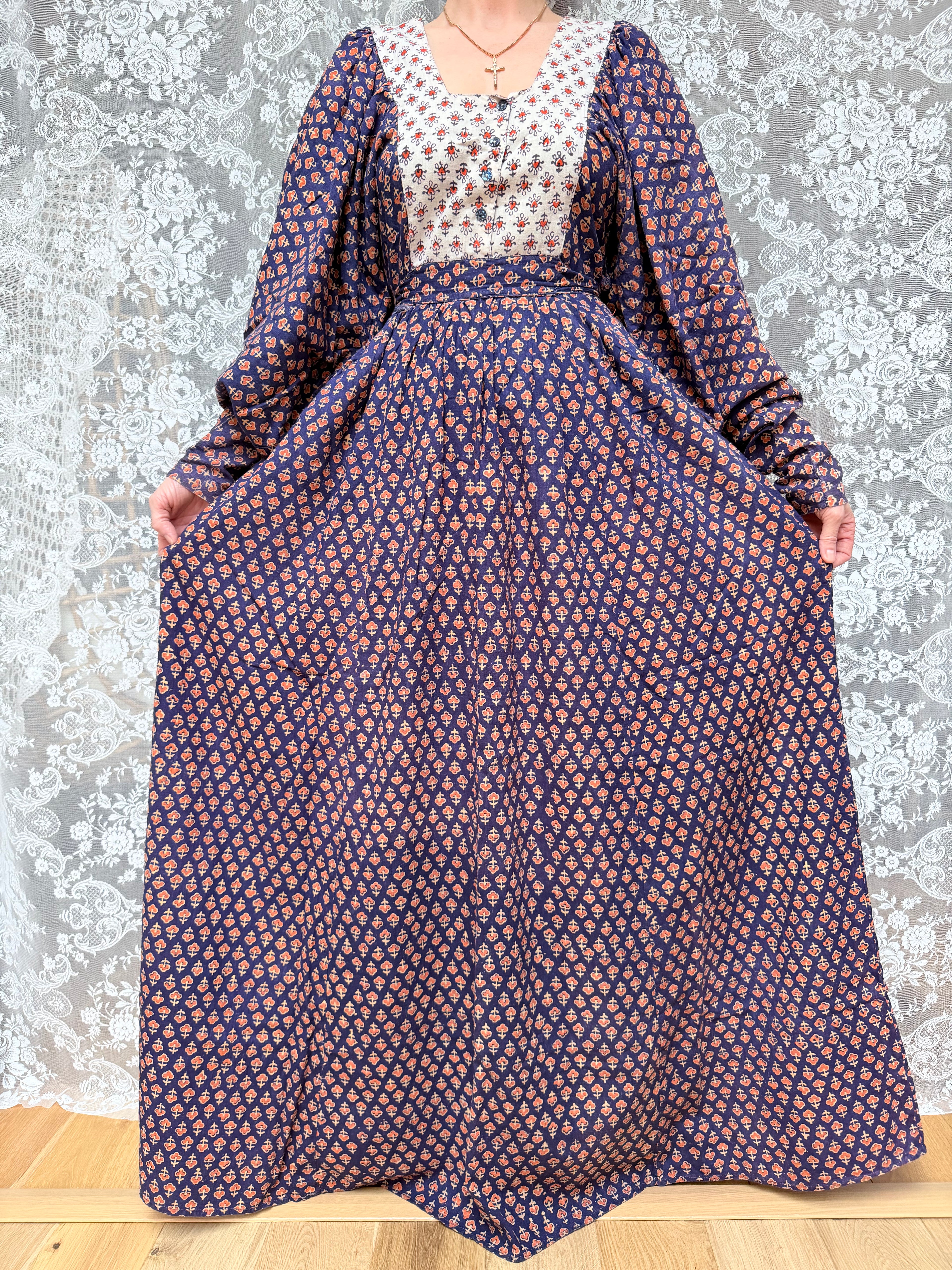 Rare Vintage 1970s Miss Selfridge Indian Block Print Balloon Sleeve Dress