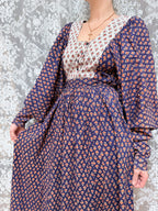 Rare Vintage 1970s Miss Selfridge Indian Block Print Balloon Sleeve Dress