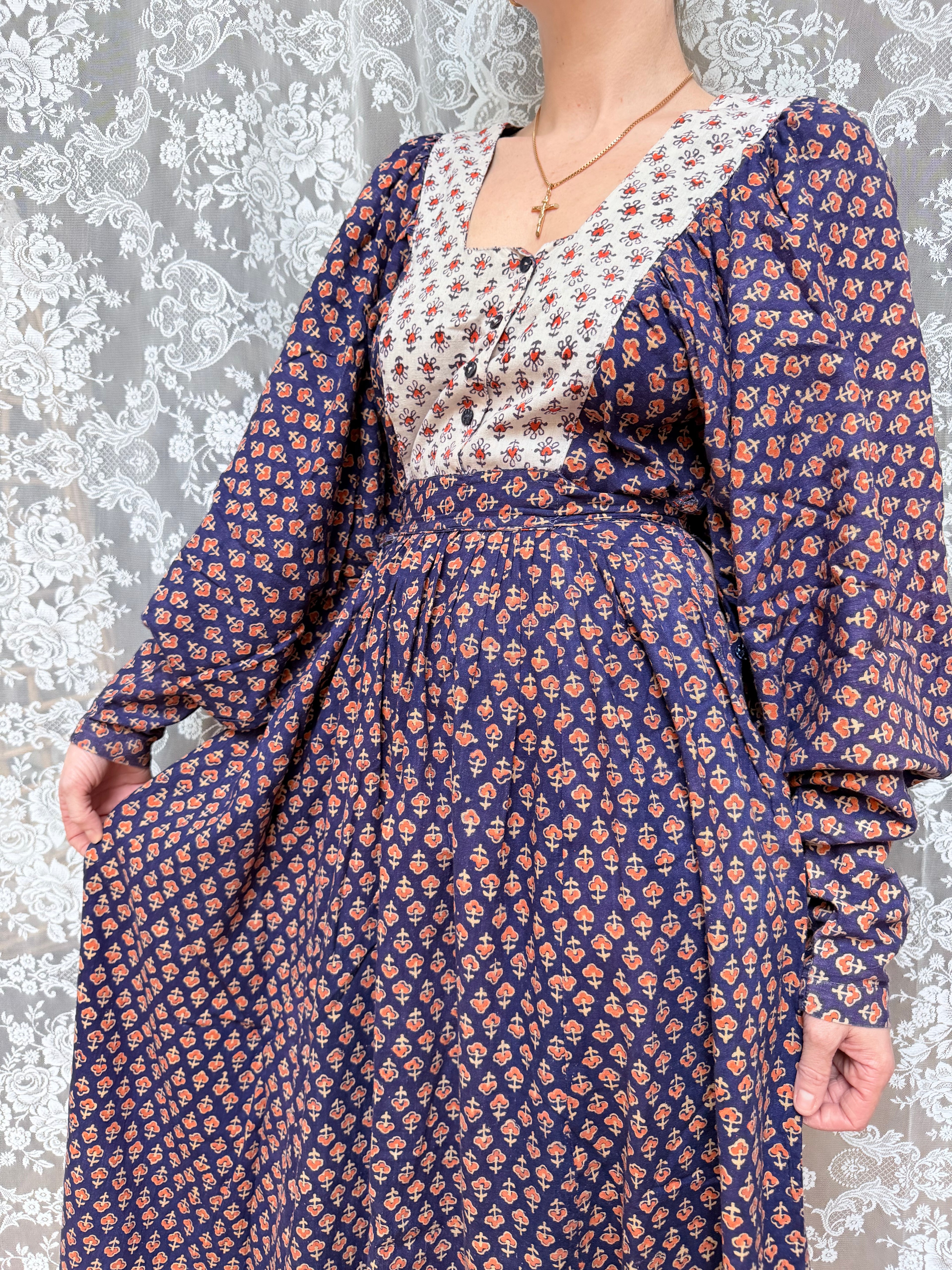 Rare Vintage 1970s Miss Selfridge Indian Block Print Balloon Sleeve Dress