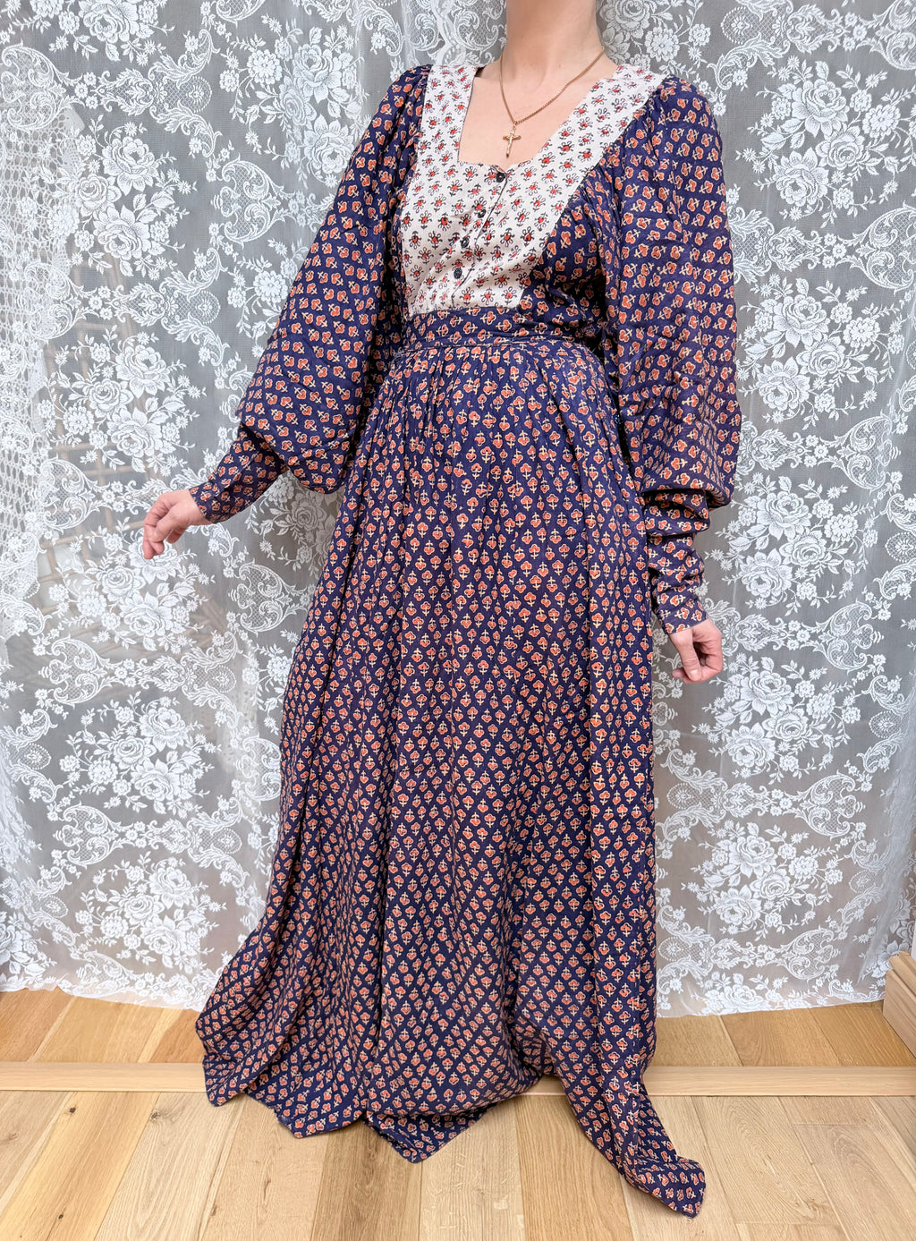 Rare Vintage 1970s Miss Selfridge Indian Block Print Balloon Sleeve Dress