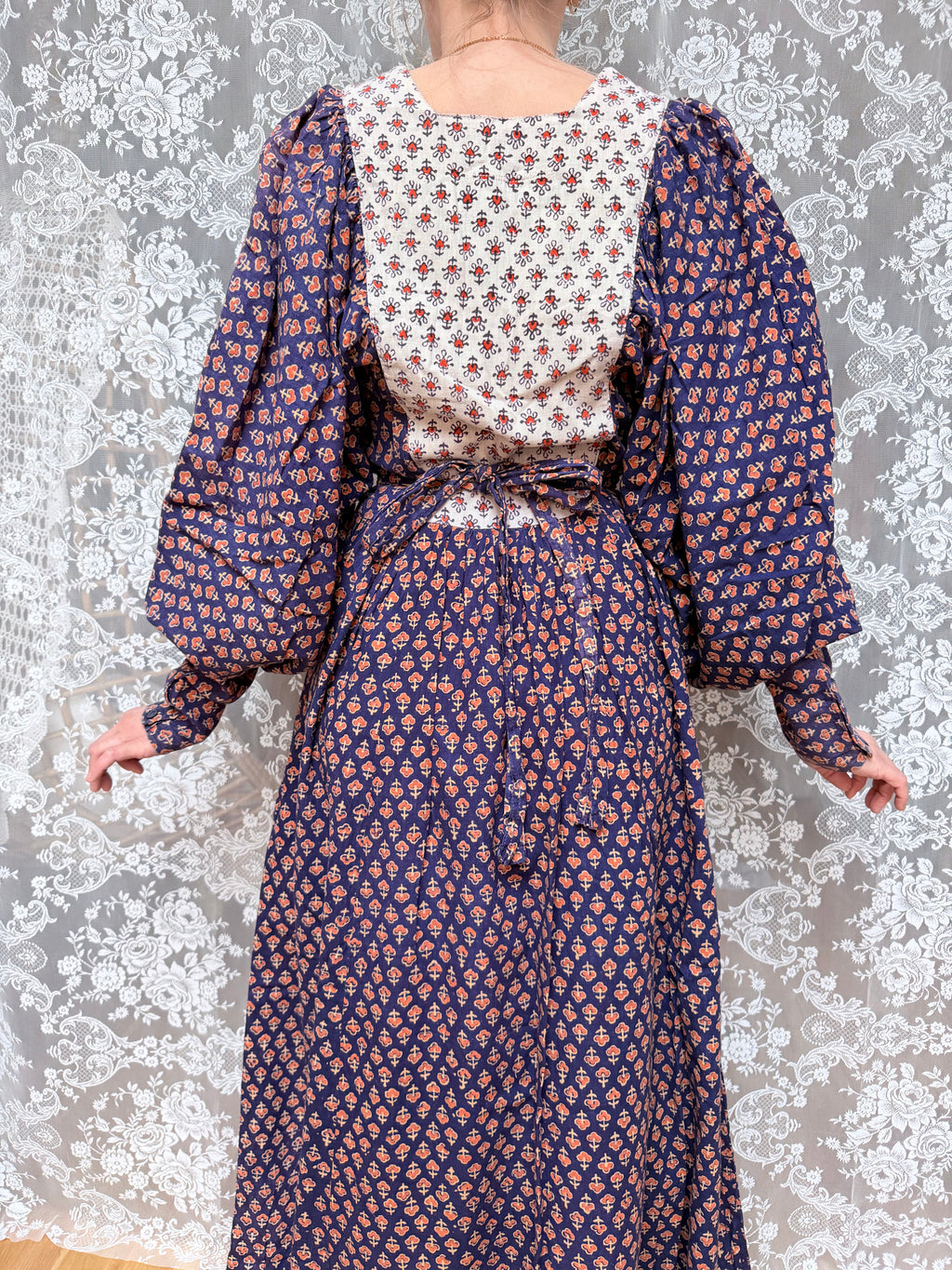 Rare Vintage 1970s Miss Selfridge Indian Block Print Balloon Sleeve Dress