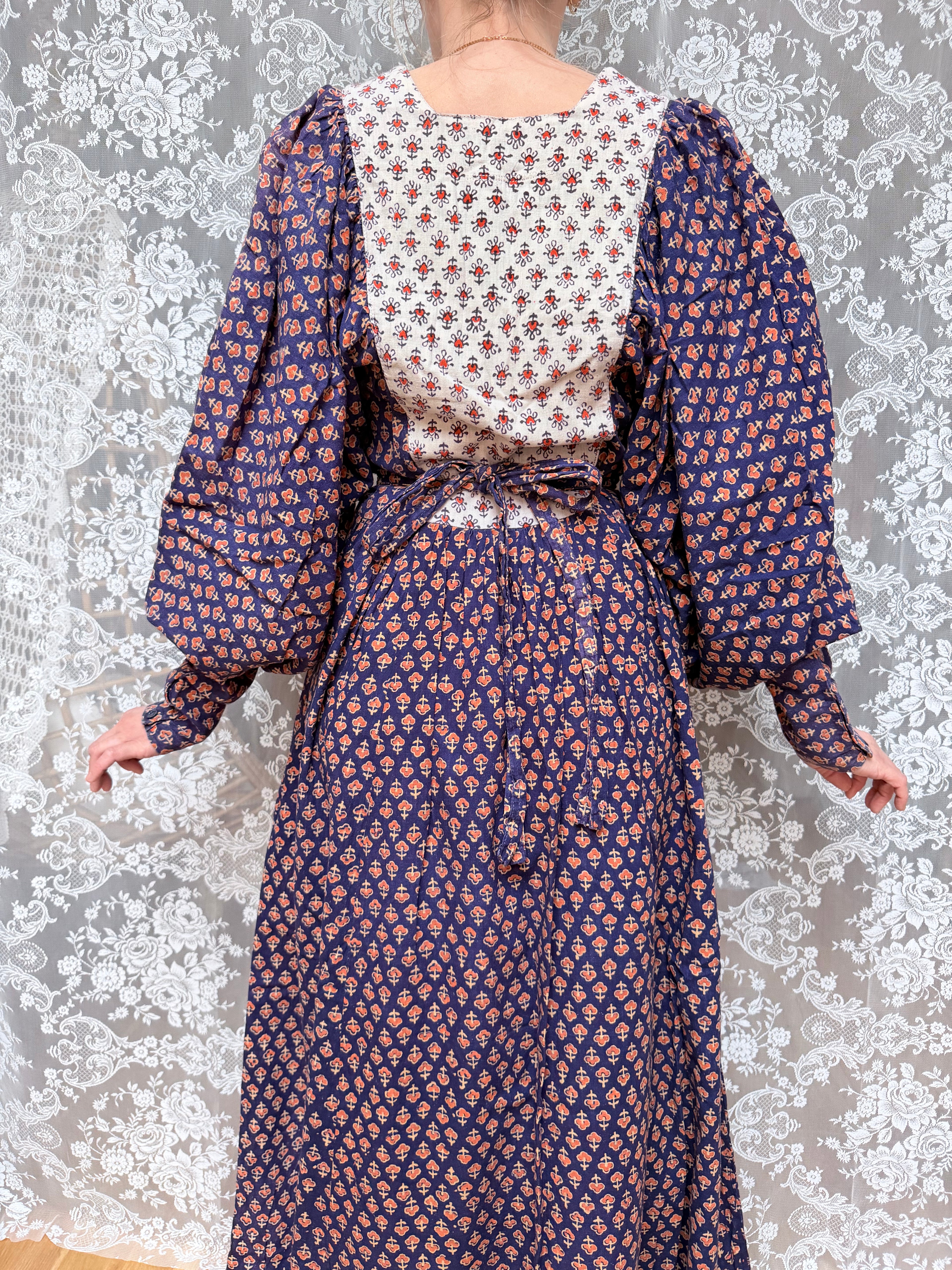 Rare Vintage 1970s Miss Selfridge Indian Block Print Balloon Sleeve Dress
