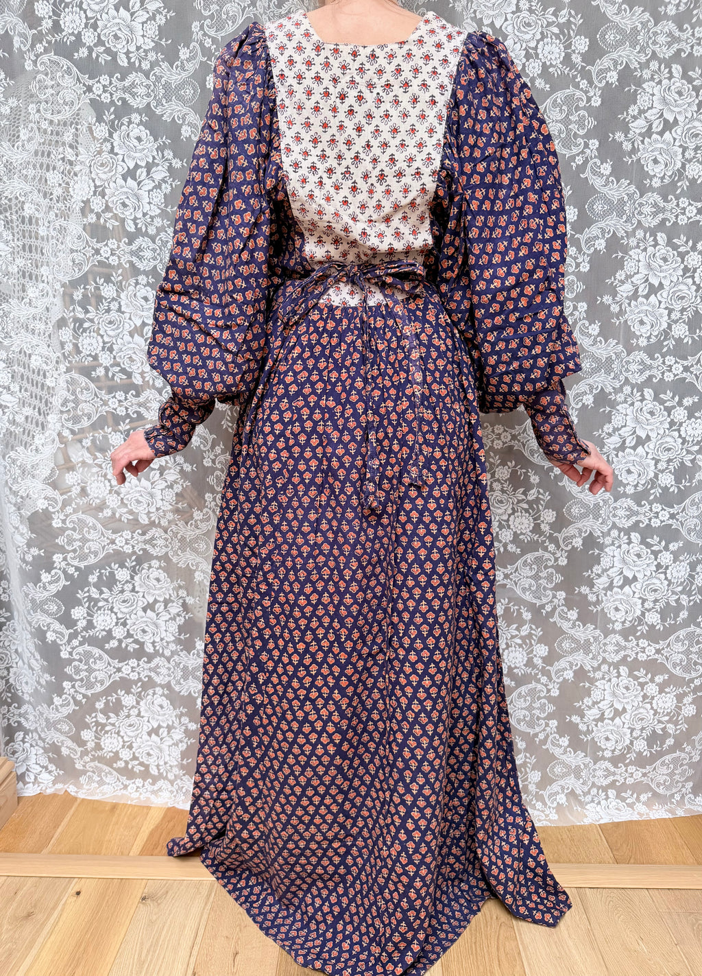 Rare Vintage 1970s Miss Selfridge Indian Block Print Balloon Sleeve Dress