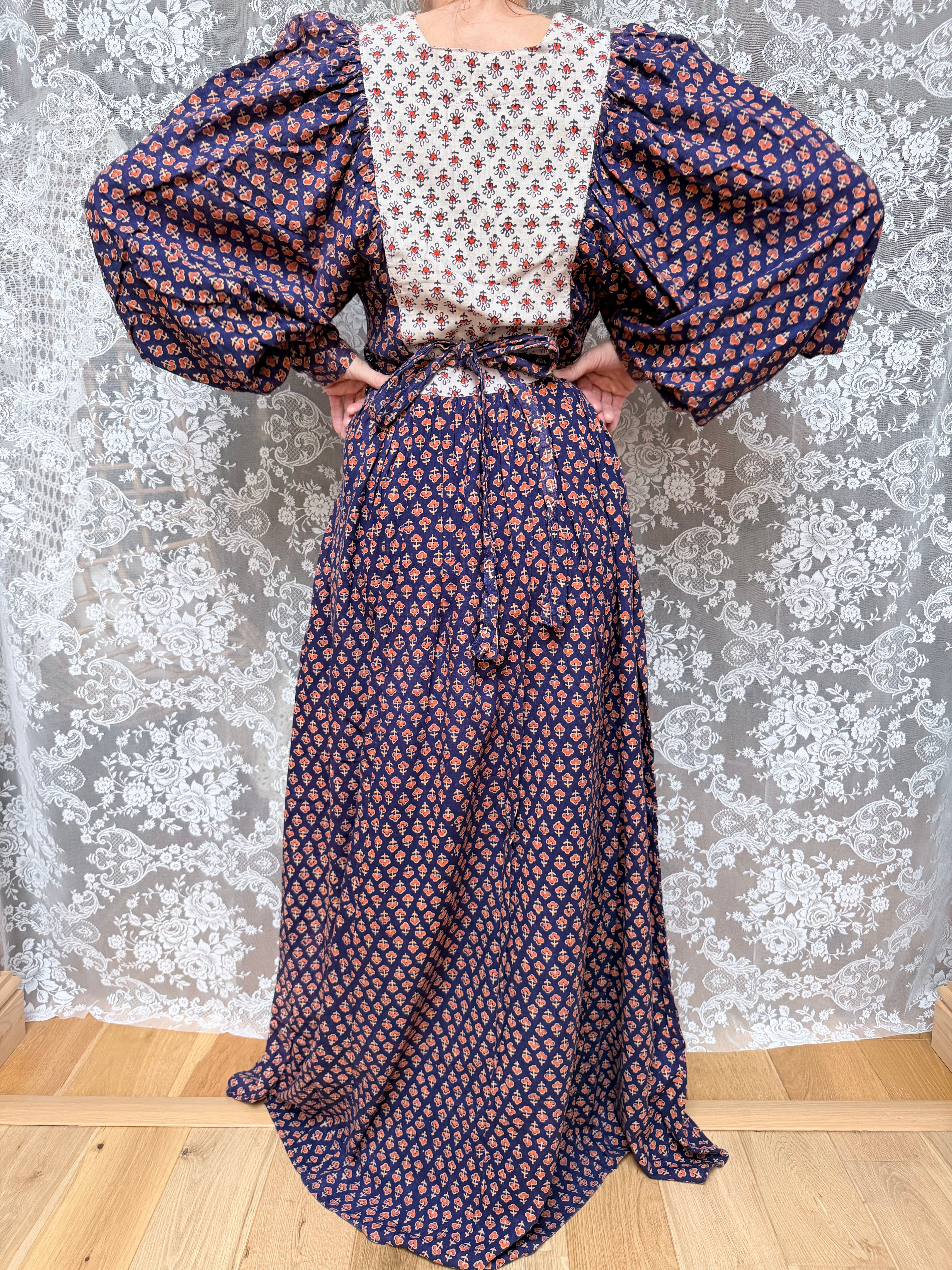 Rare Vintage 1970s Miss Selfridge Indian Block Print Balloon Sleeve Dress