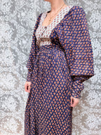 Rare Vintage 1970s Miss Selfridge Indian Block Print Balloon Sleeve Dress