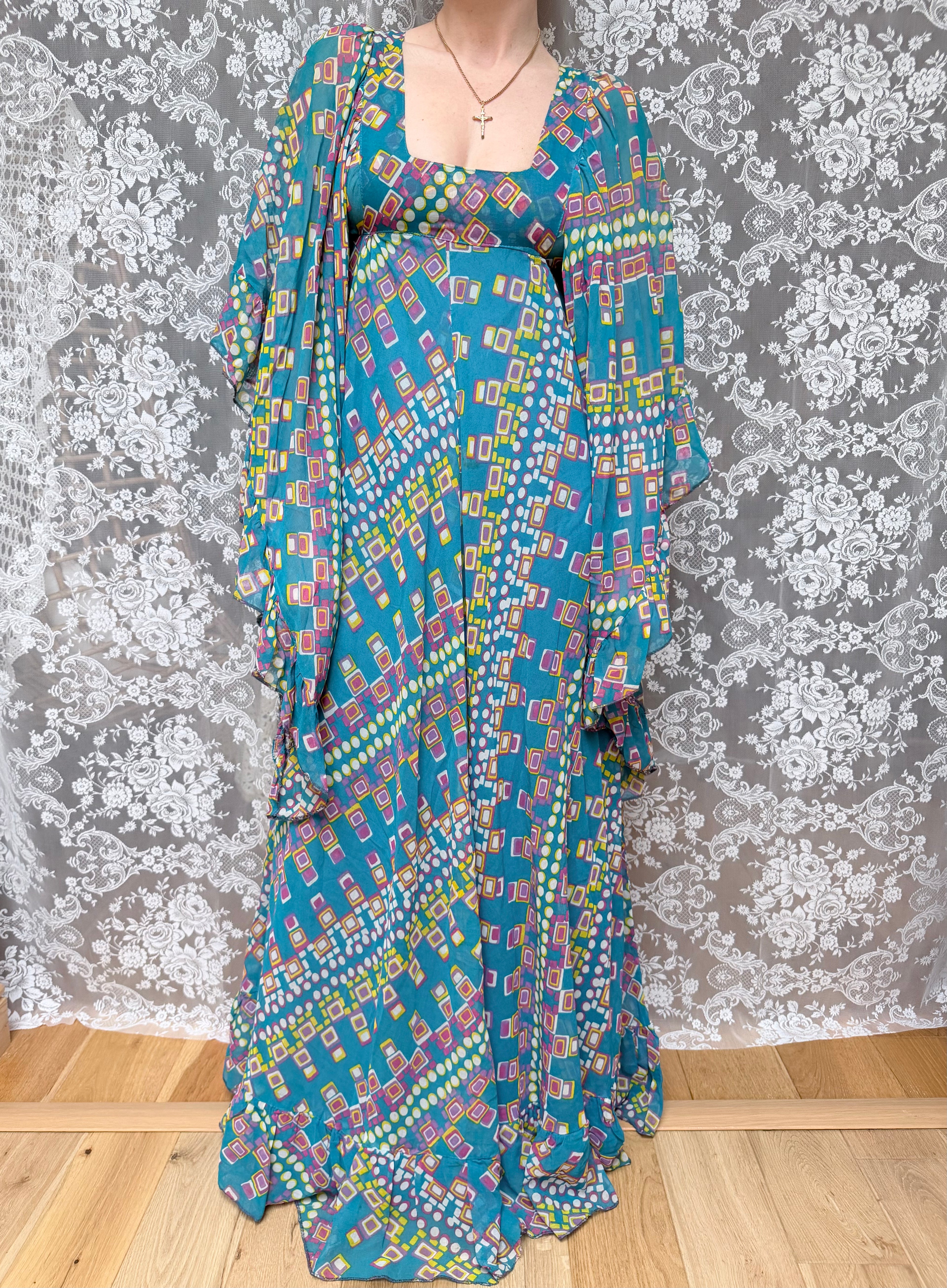 Rare Vintage 1970s David Silverman Angel Sleeve Maxi Dress