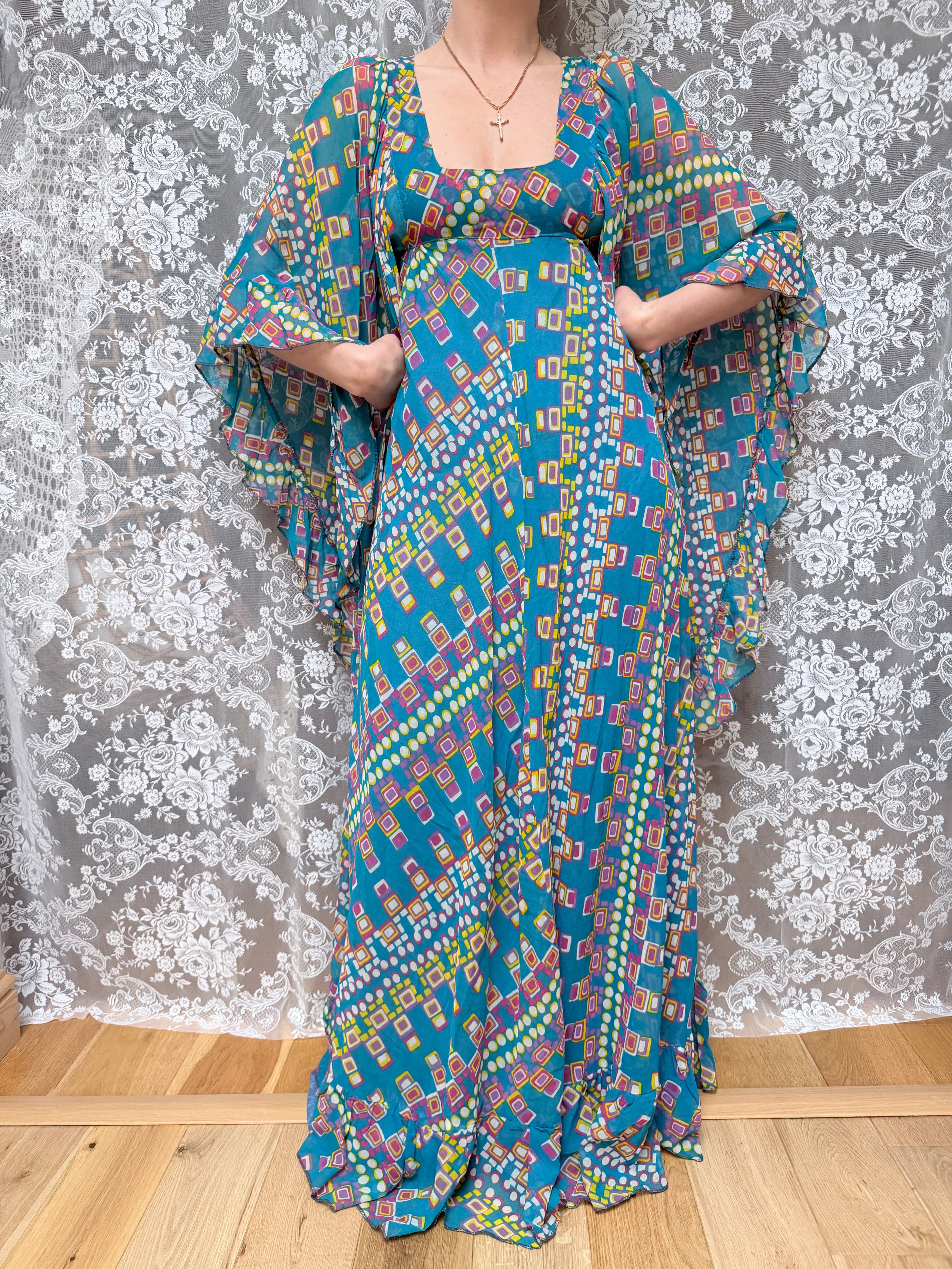 Rare Vintage 1970s David Silverman Angel Sleeve Maxi Dress