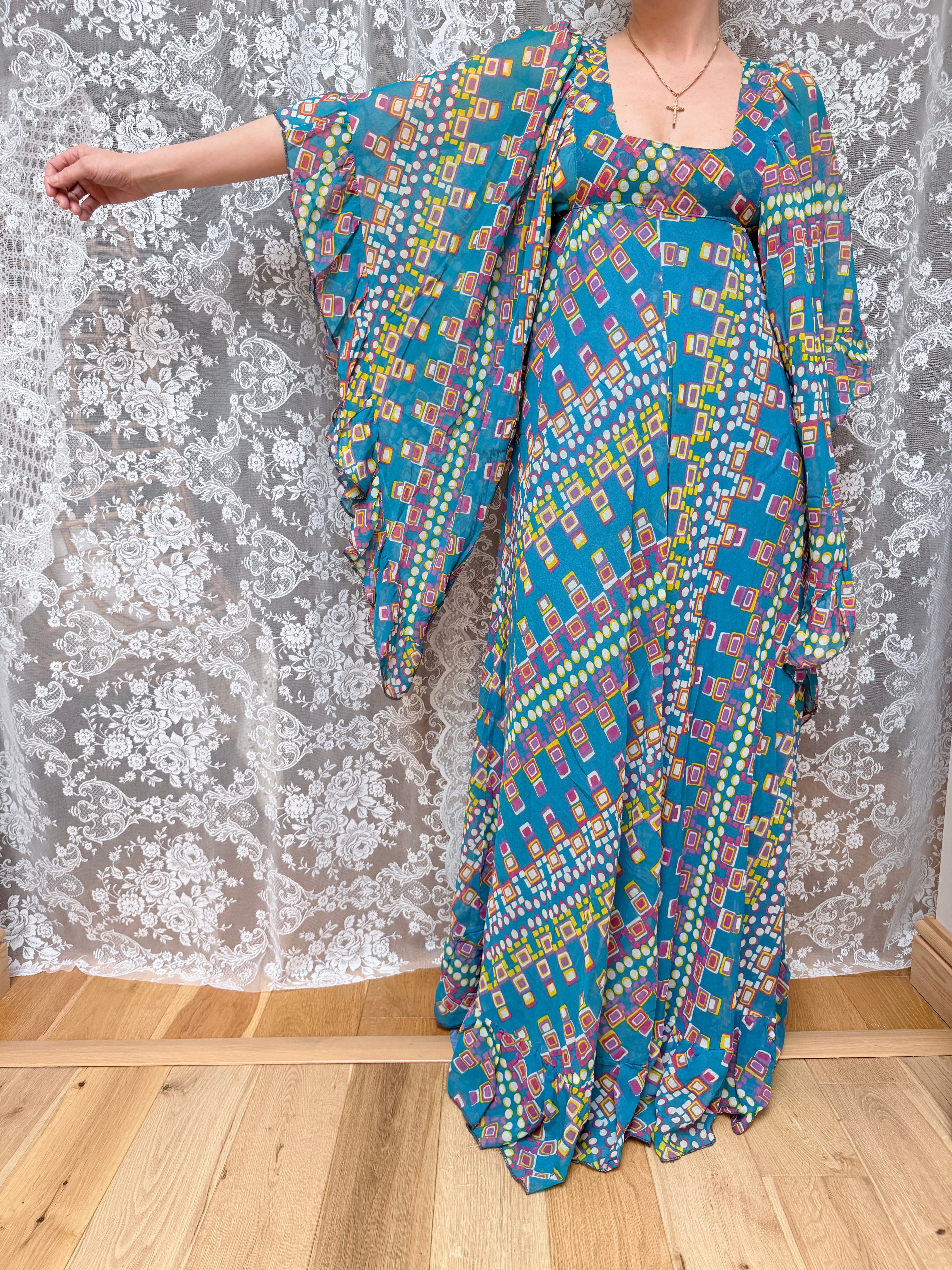 Rare Vintage 1970s David Silverman Angel Sleeve Maxi Dress