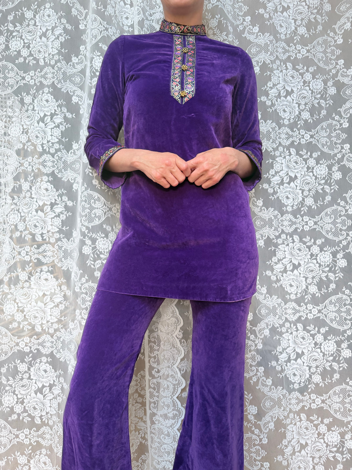 1960s Pop Chicks of London Purple Velvet Mini Dress & Trouser Set