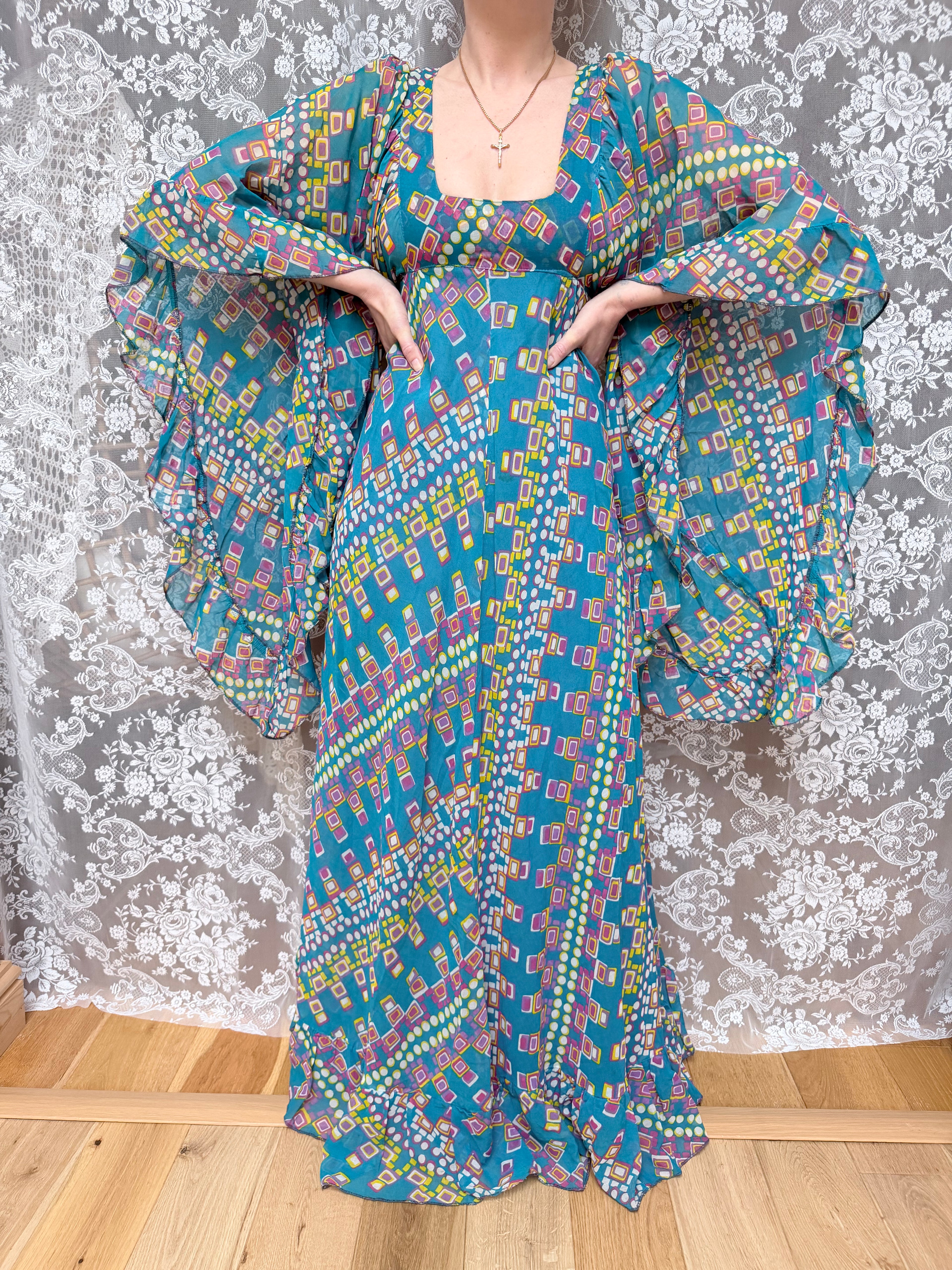 Rare Vintage 1970s David Silverman Angel Sleeve Maxi Dress