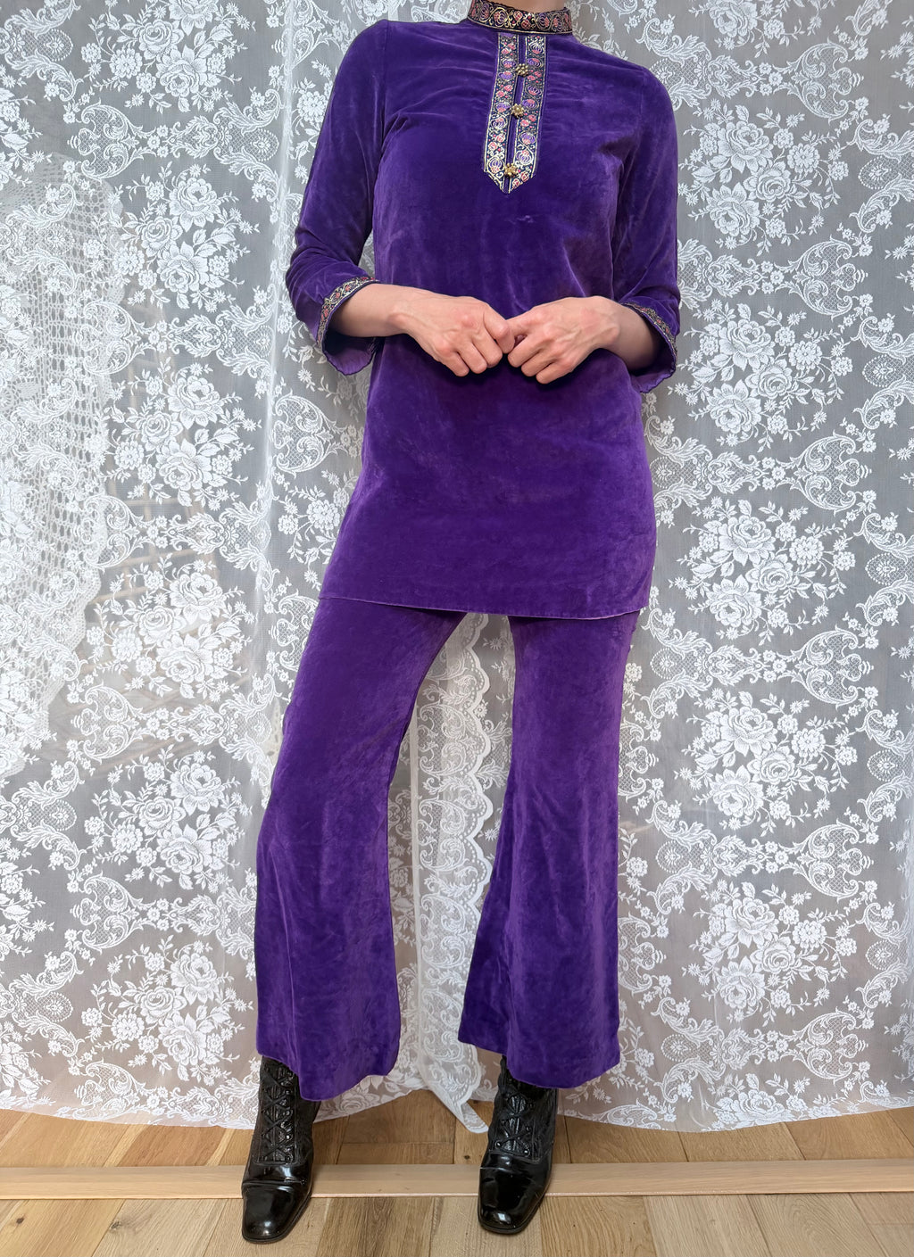 1960s Pop Chicks of London Purple Velvet Mini Dress & Trouser Set