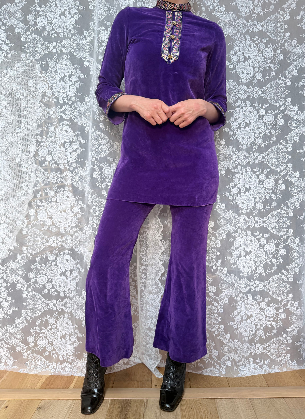 1960s Pop Chicks of London Purple Velvet Mini Dress & Trouser Set