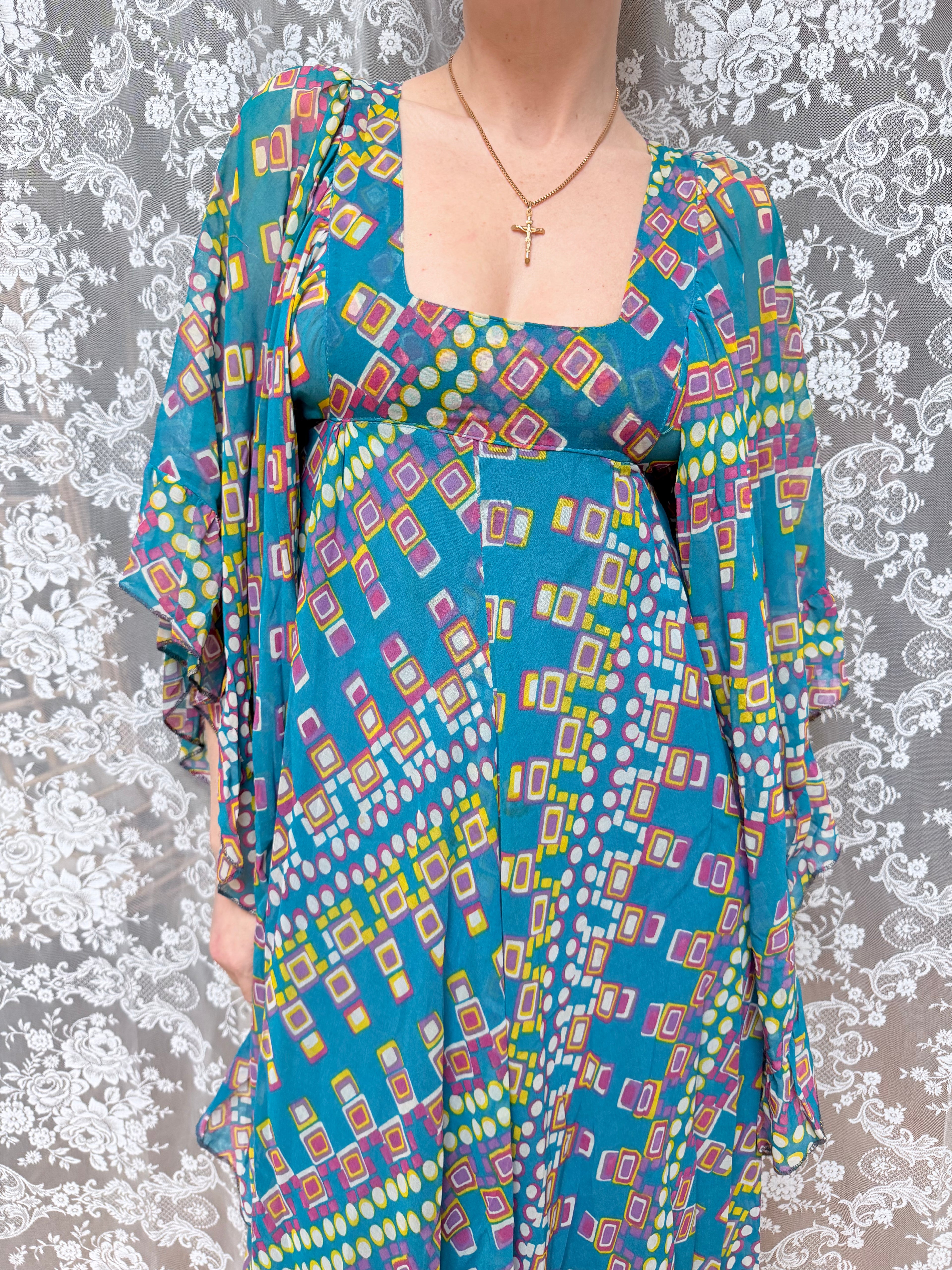 Rare Vintage 1970s David Silverman Angel Sleeve Maxi Dress