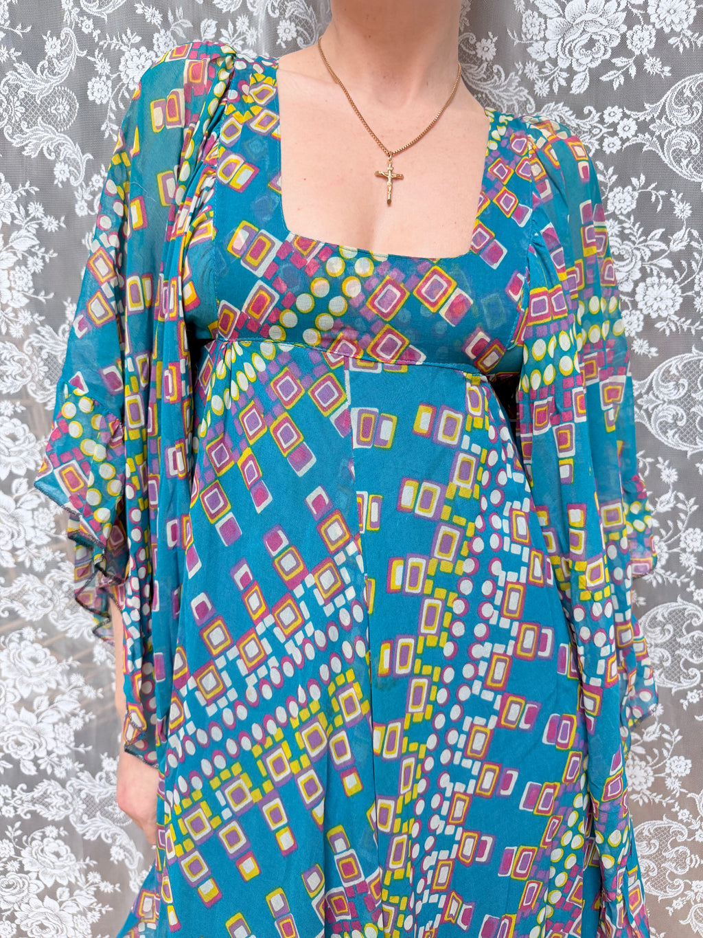 Rare Vintage 1970s David Silverman Angel Sleeve Maxi Dress