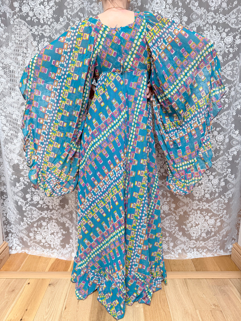 Rare Vintage 1970s David Silverman Angel Sleeve Maxi Dress
