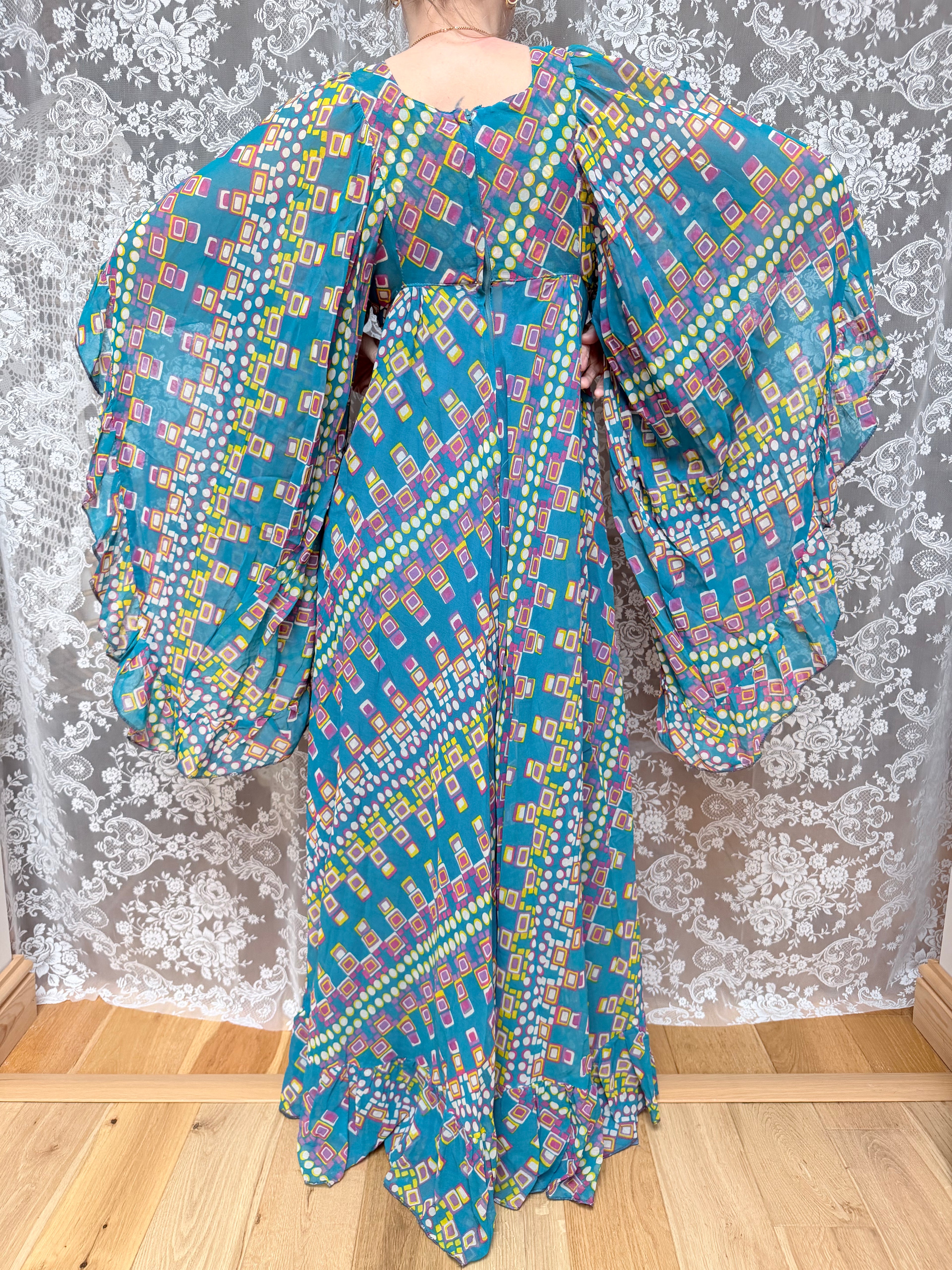 Rare Vintage 1970s David Silverman Angel Sleeve Maxi Dress